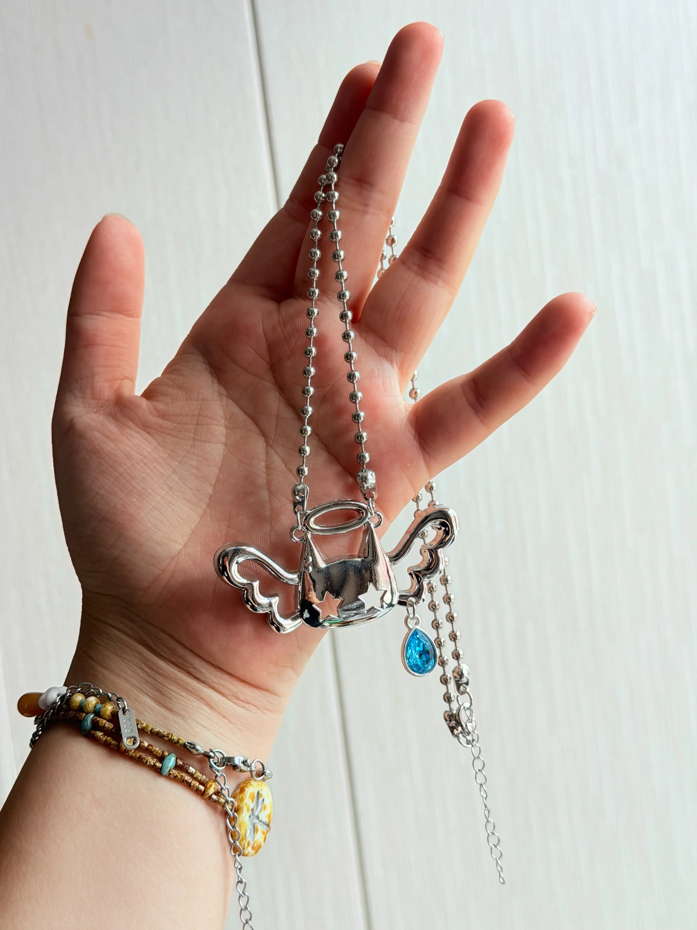 Angel Wings Silver Color Necklace, Halo Pendant Necklace, Y2K Fairy Style Jewelry, Casual All-Season Accessory, All over Print Design
