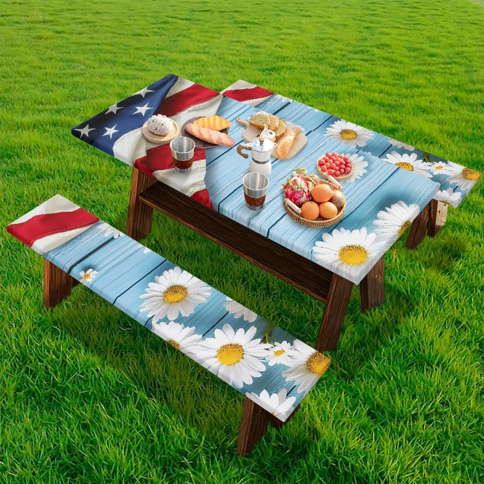 72x30 Inch Stretch Fabric Rectangular Fit Picnic Tablecloth & Bench Cover Set, Waterproof Heavy-Duty Outdoor Events Protector, Rustic Look Sunflower Cat Daisy Flag Print, Slip-Resistant Easy-Clean Standard Size for Backyard, BBQ
