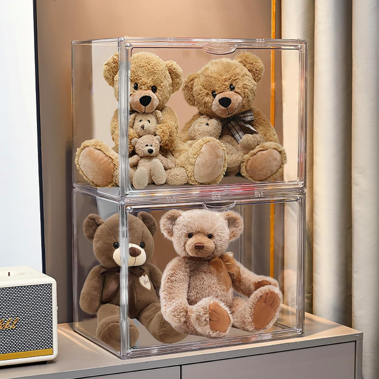 4 Tiers 15.7"X11.8"X9.8" Clear  Organizer Box Display Case, Plastic Holder with  Door and 3 Division Boards for Figures, Books, Handbags, Purses, Boots