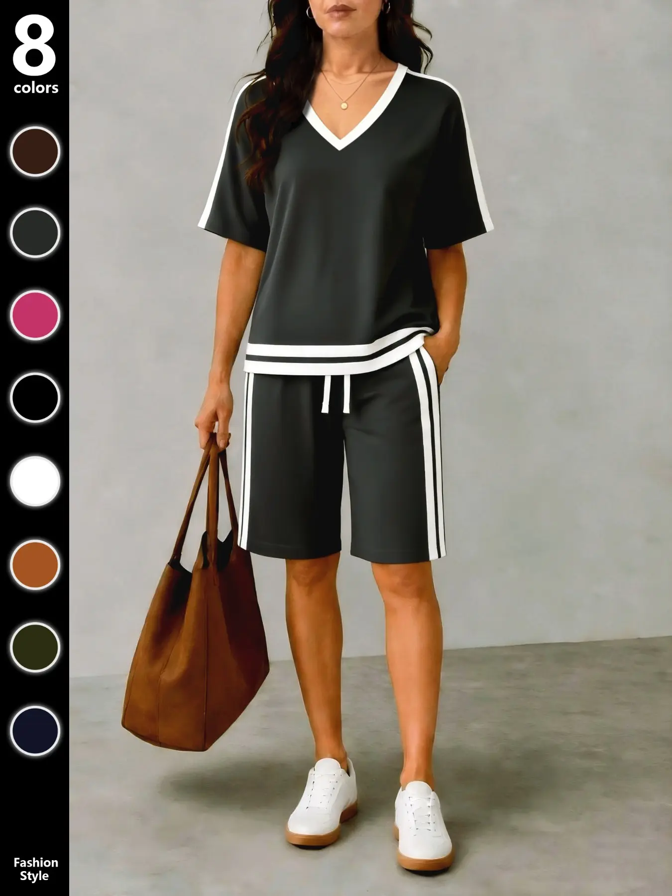 Women's Short Sleeve T-Shirt Set, Contrast Binding V-Neck Top and Casual Capri Pants, Spring Fall, Travel Friendly