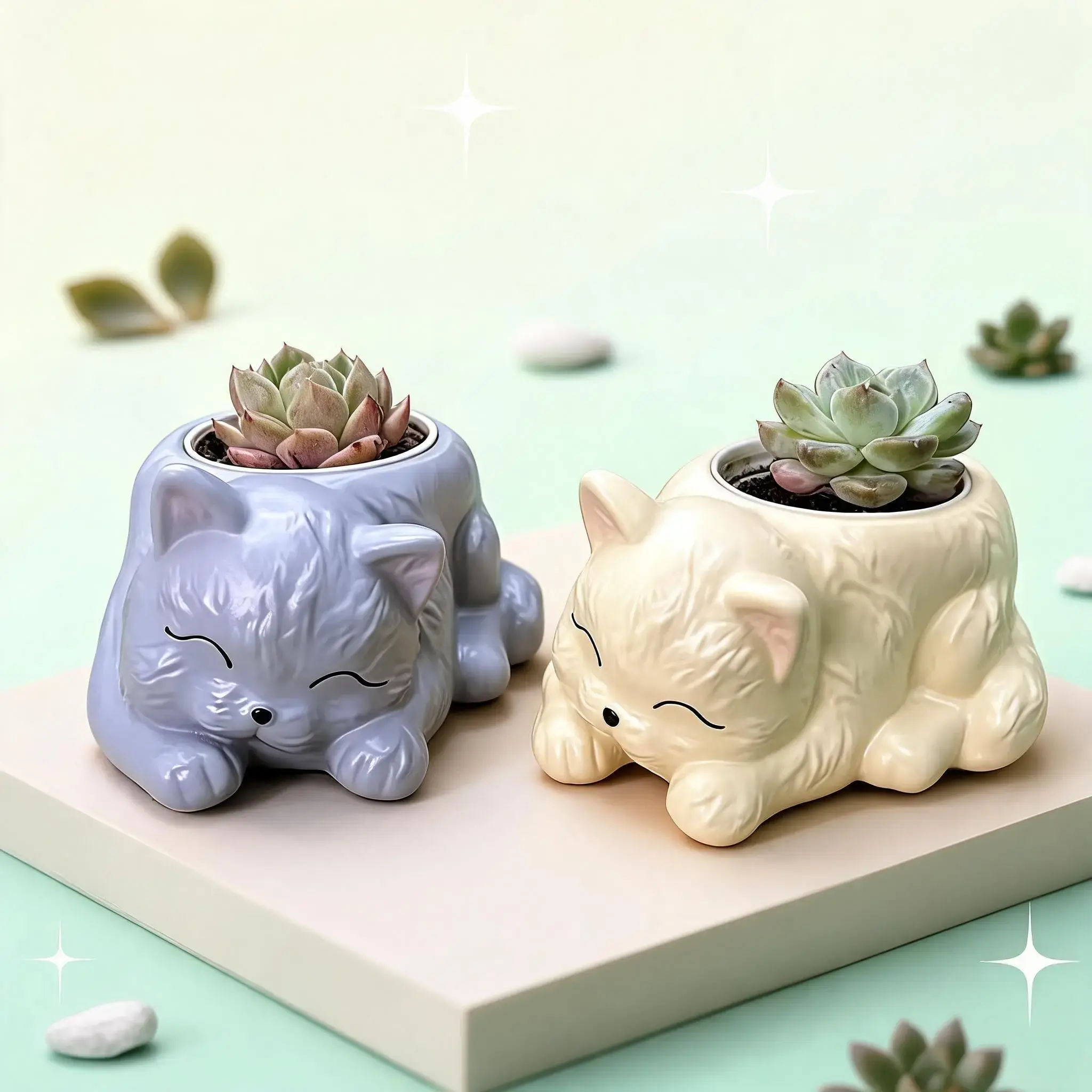 Resin Flower Pot with Cat Design, Simple Healing Succulent Planter, Desk Balcony Decorative Ornament, Small Plant Container