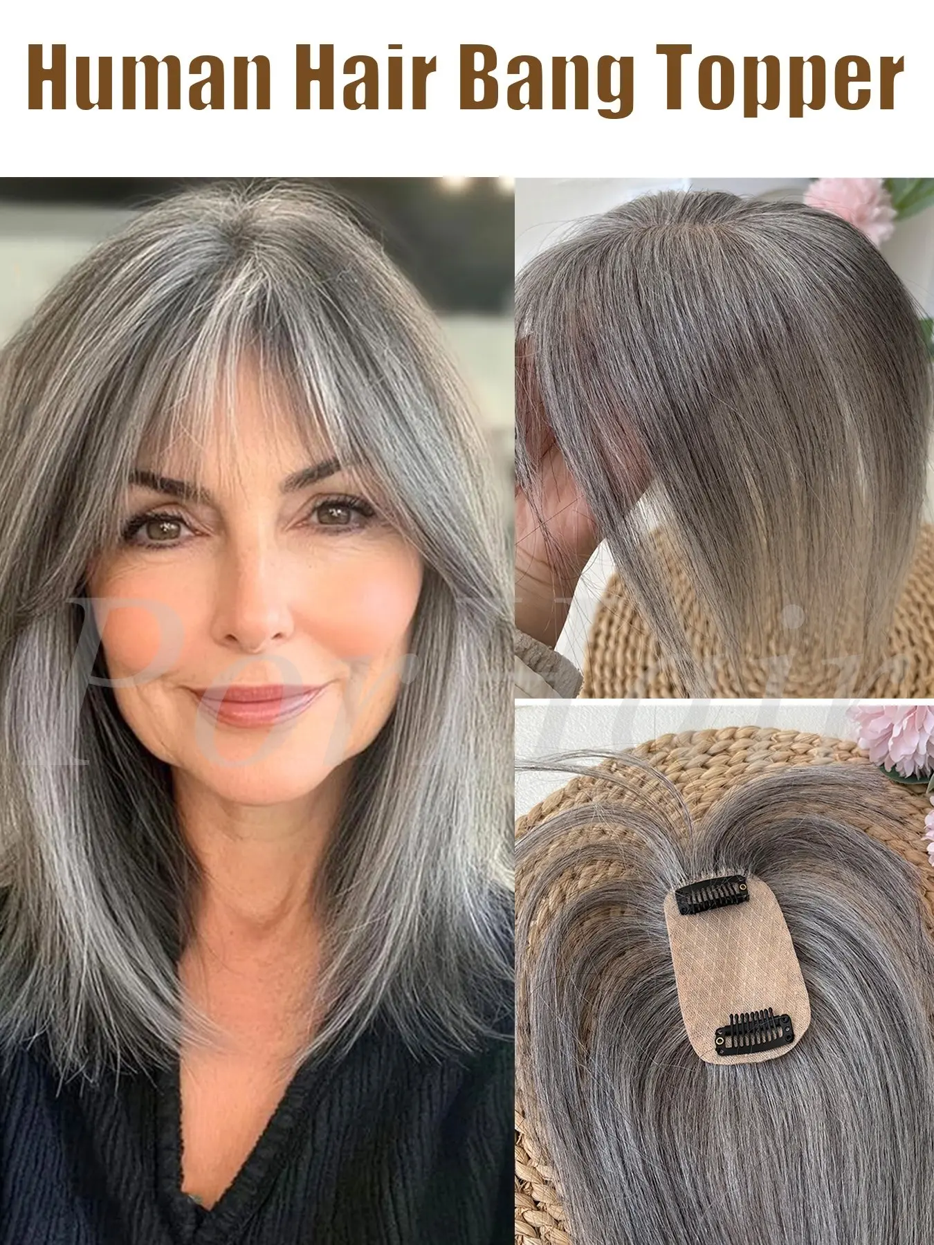 Natural Gray Human Hair Topper With Bangs Women 5cmX9cm Gray Human Hairpieces Straight Skin Scalp Clip in Topper Hair Pieces Human Hair