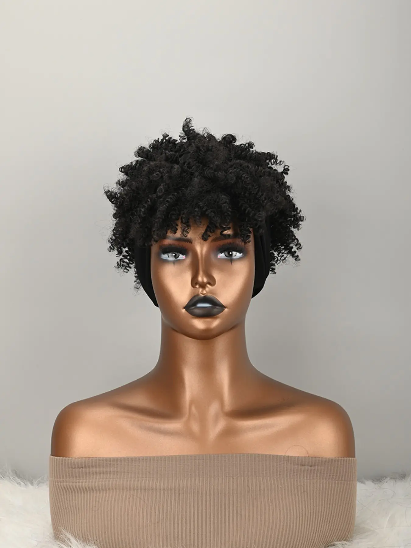 Synthetic Short Afro Kinky Curly Wigs, Dark Wig with Bangs, 2-In-1 Turban Wig, Drawstring High Puff, Headwrap Wigs with Headband