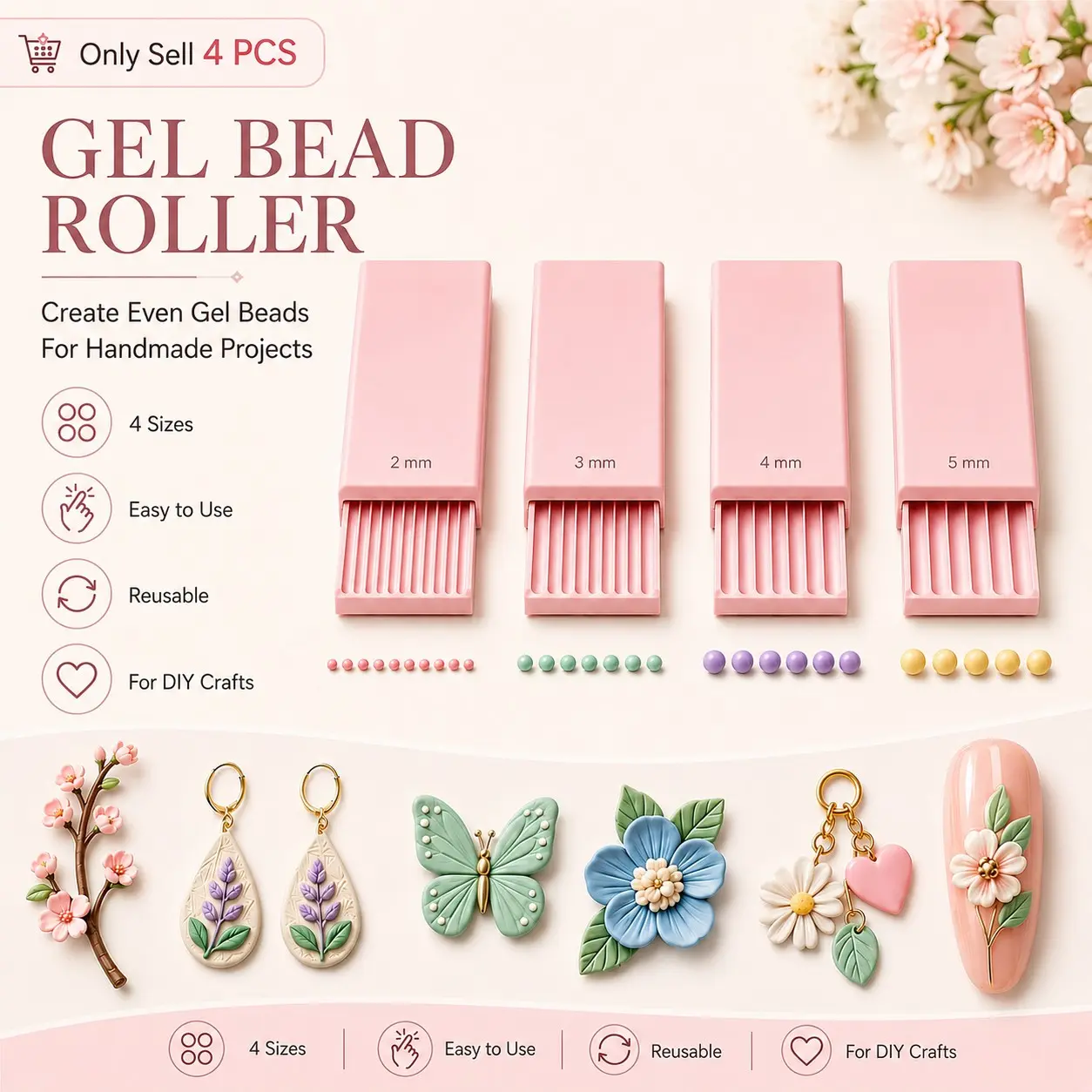 4 PCS Nail Art Gel Bead Roller, Practical Sphere‑Shaping Mold With 2mm‑5mm Multi‑Size Grooves, For 3D Gel Flower, Earring, Jewelry & Miniature DIY Craft Making, Nail Art Tools