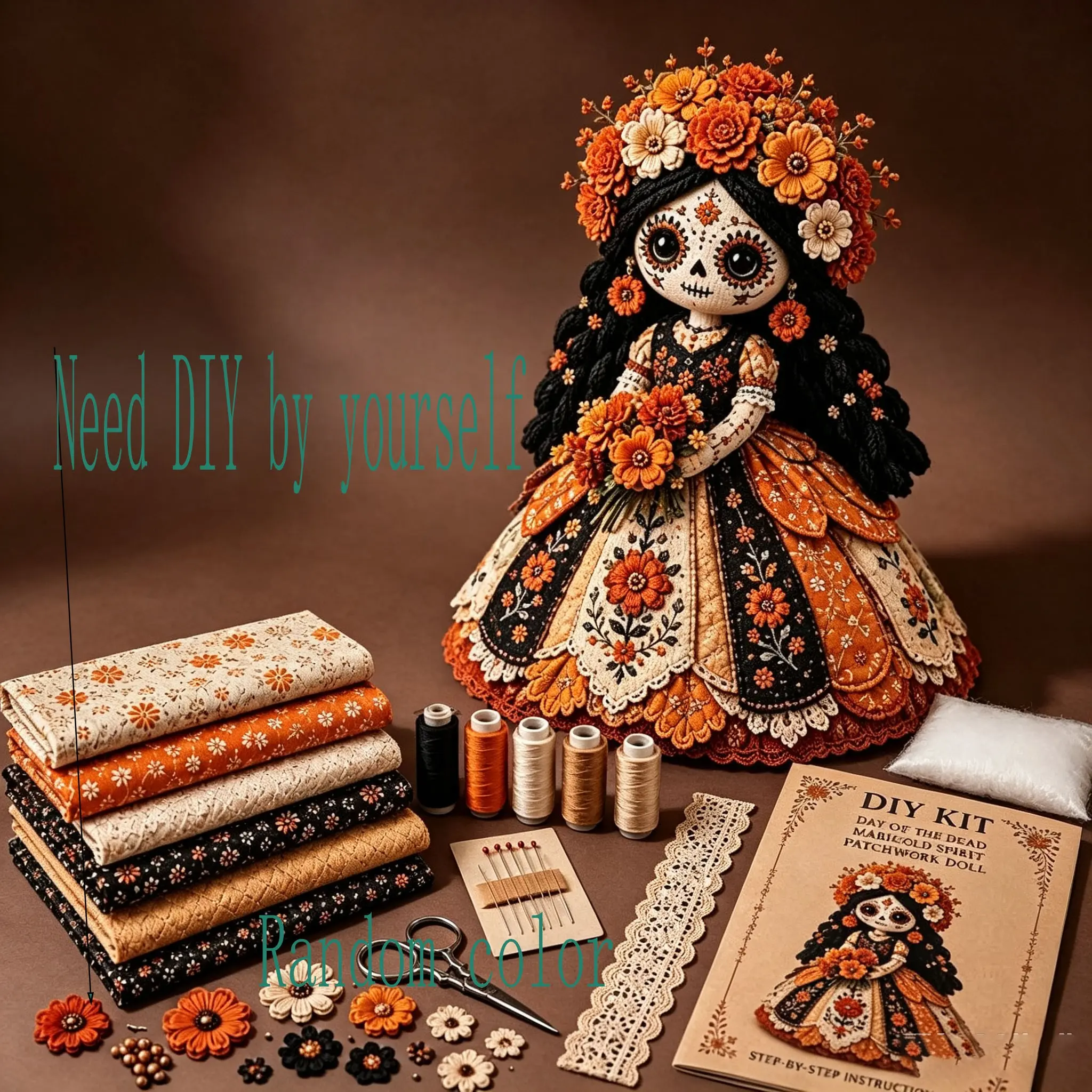 Halloween Patchwork Doll DIY Kit, Adult Sugar Skull Sewing Craft Set, Halloween Doll Making Kit, Fall Home Decor Handmade Gift