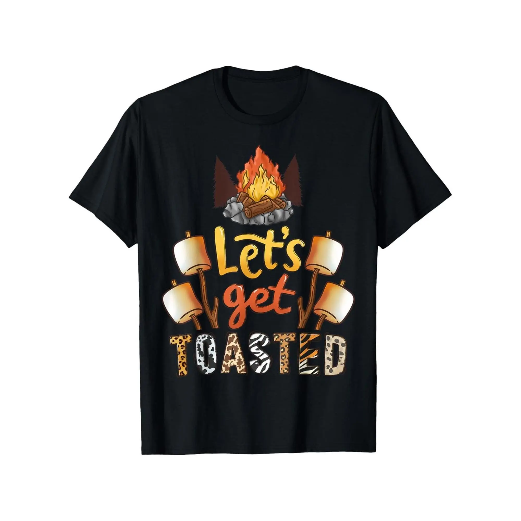 Men's Black Graphic Streetwear T-Shirt - Let's Get Toasted Campfire Flames Roasted Marshmallow Design, Casual Round Neck Shortsleeve Top, Menswear for Camping Bonfires Parties Funny Outdoor S'Mores Adventure