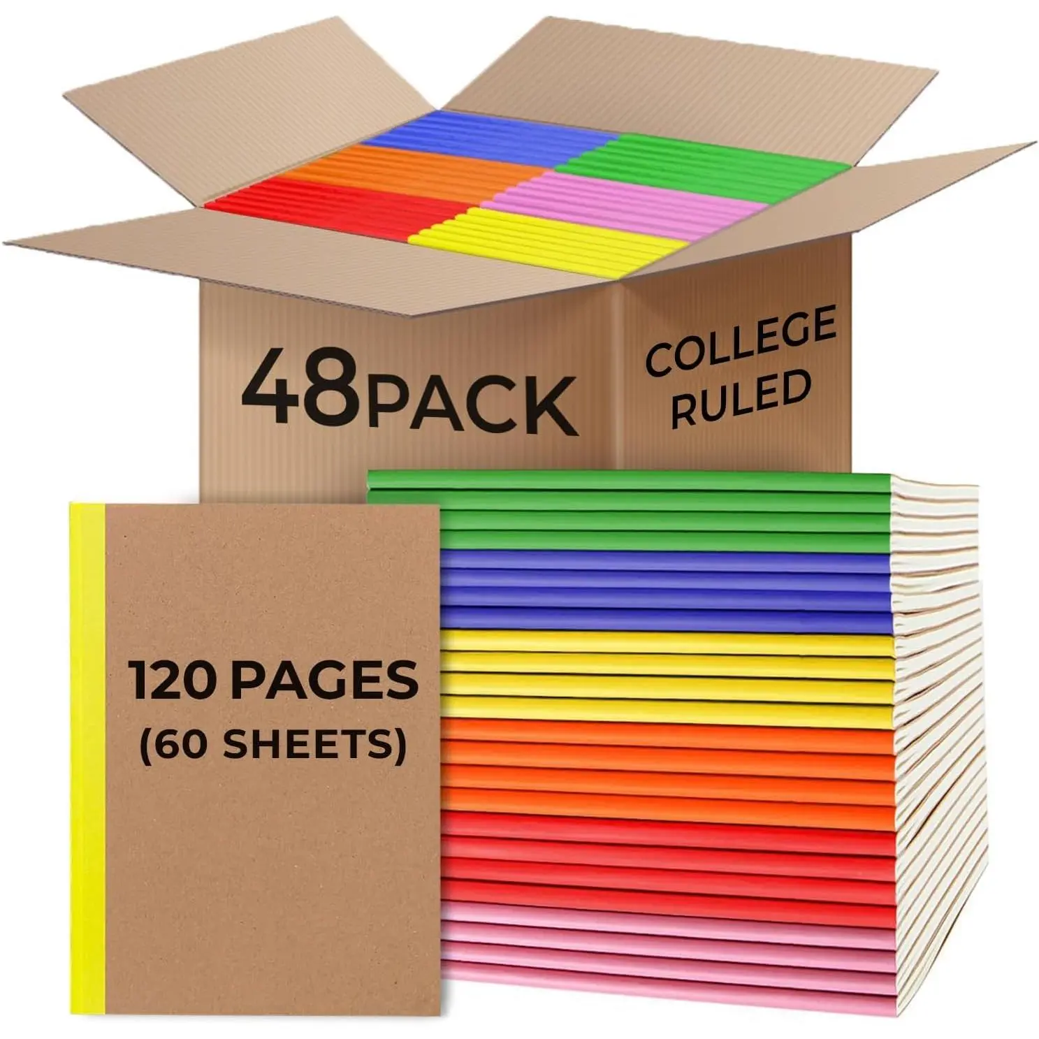 50 Pack Bulk  Notebook A5, College Ruled, 60 Sheets/120 Pages | Bulk Composition Notebooks Lined, Extra Thick Notebook, 8 x 5.7  Notebook, Rainbow Spines, Bulk Notebooks for School