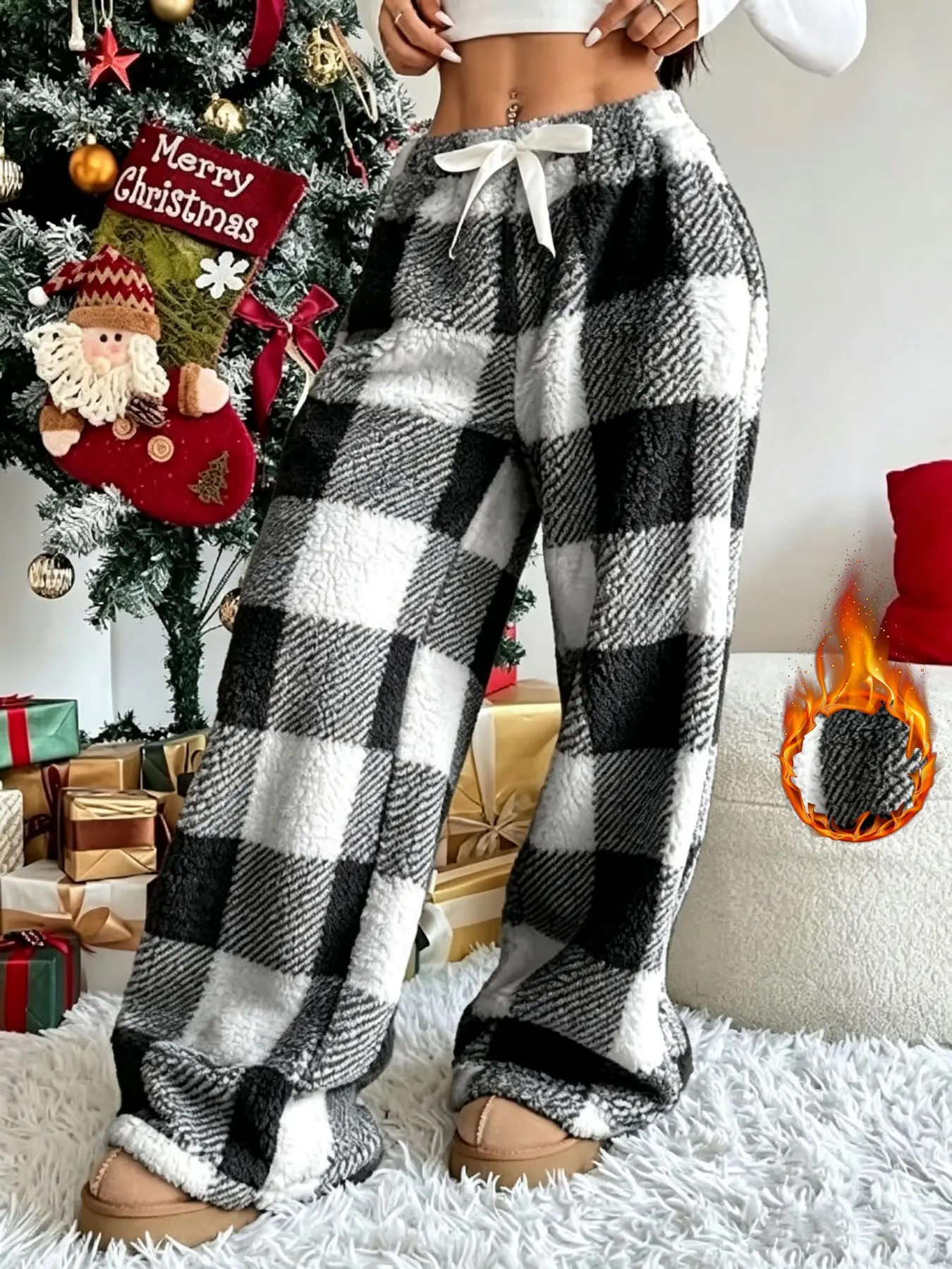 Women's Fall Winter Classic Checkered Flannel Pajama Pants, Elastic High Waist Loose Straight Leg Long Pants, Cozy Home Wear