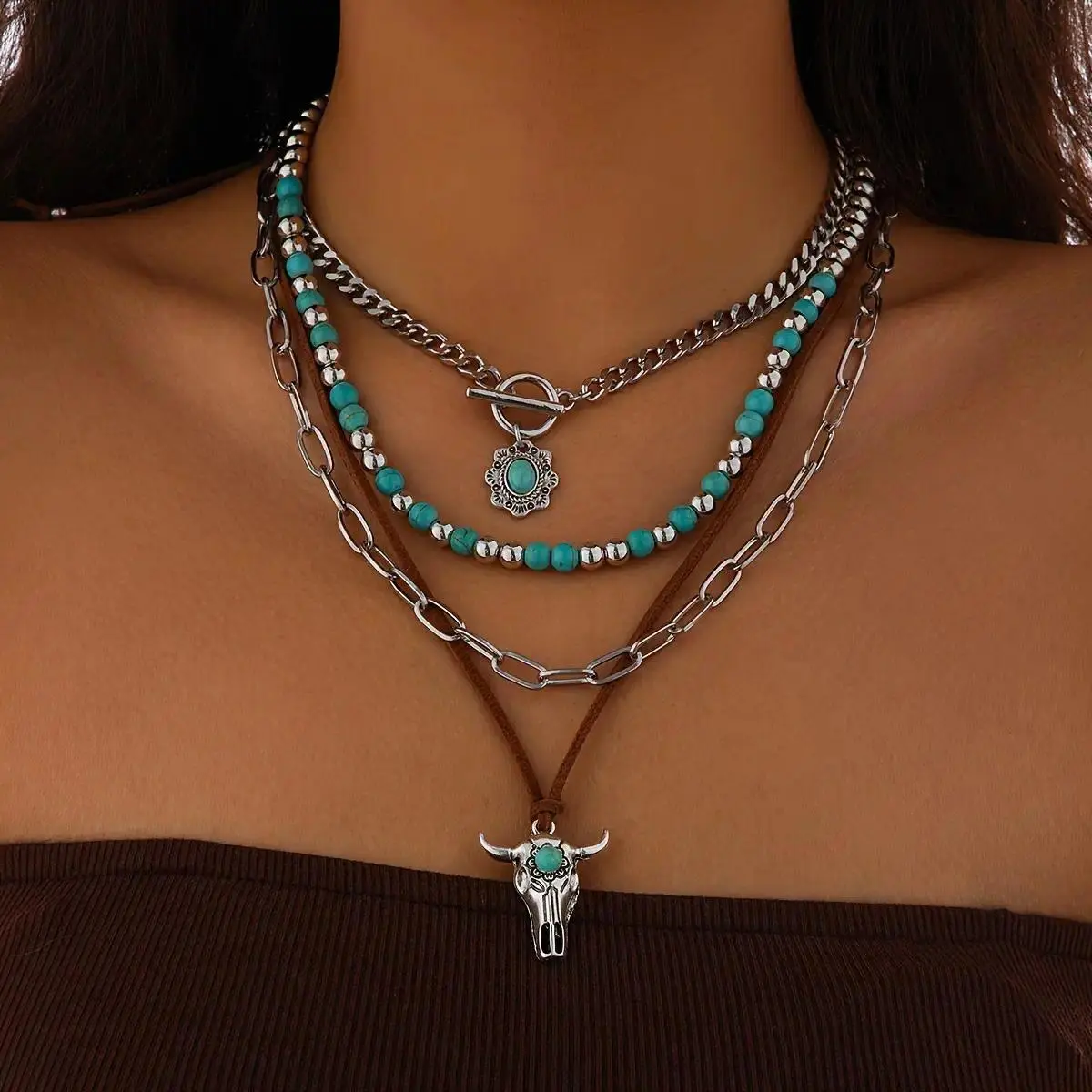 4PCS Bohemian Vintage Faux Turquoise Bull Head Pendant Ethnic Multi-Layer Choker Beaded Necklace Set - Handmade Silvery Stackable Jewelry, Vacation Travel Turquoise Jewelry