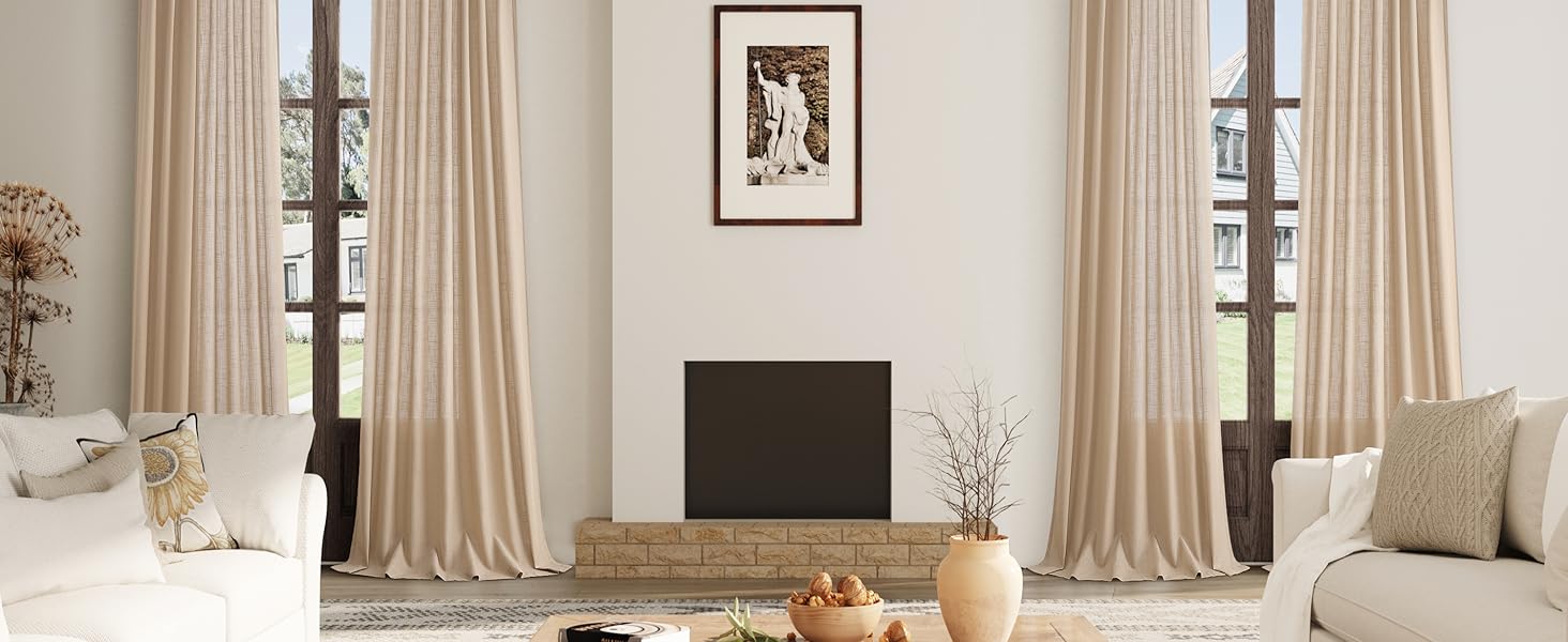 Tan Semi Sheer Curtains 108 Inches Long 2 Panels Set Back Tab Loop Pocket Linen Blend Boho Large Window Curtain Extra Long Light Filtering Drapes High Ceiling Drape for Living Room 40x108