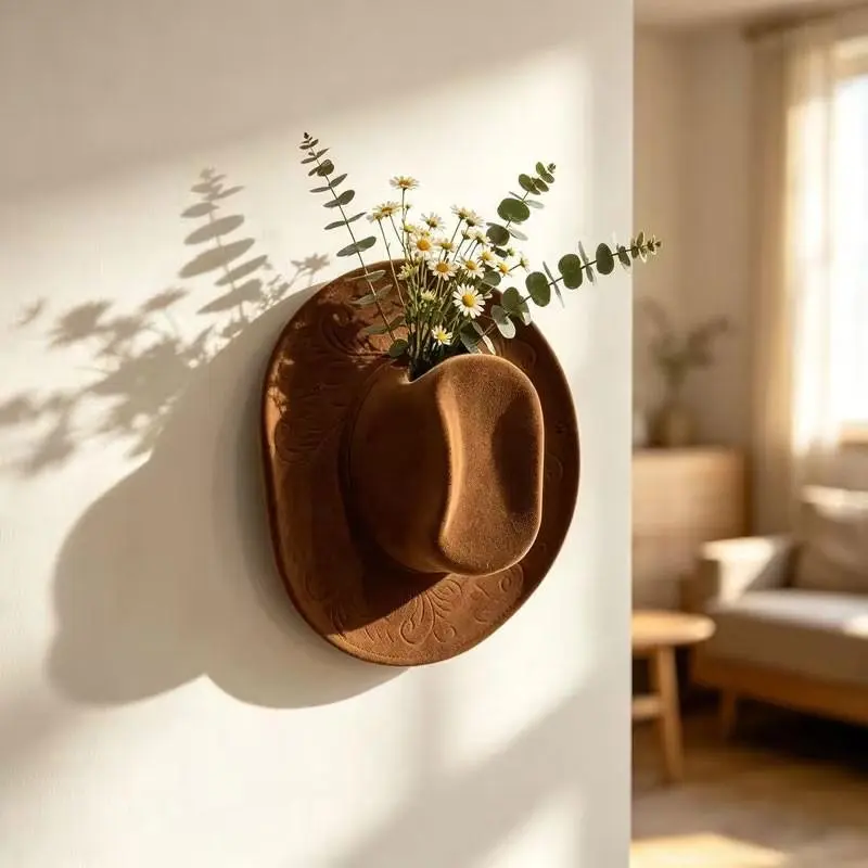 Cowboy hat vase, wall-mounted decorative pot, western-style wall art, creative rose and dried flower planters, suitable for Halloween and Christmas home decorations in living rooms, bedrooms, farmhouses