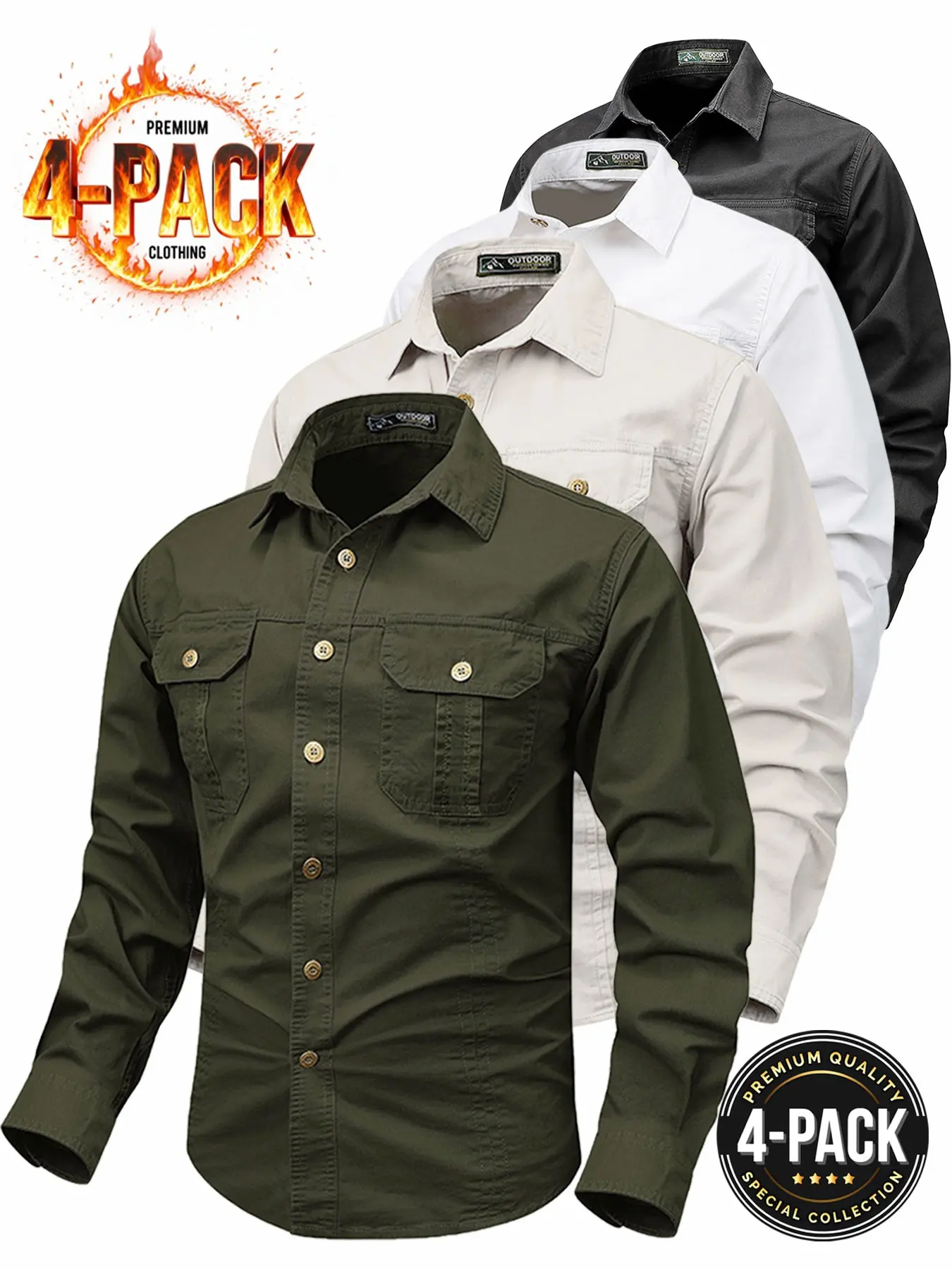 Men's 4-Pack Long Sleeve Work Shirts Top, Button Up Front, Durable Wrinkle-Resistant Fabric, Dual Side Pockets, Ideal for Construction and Outdoor Work