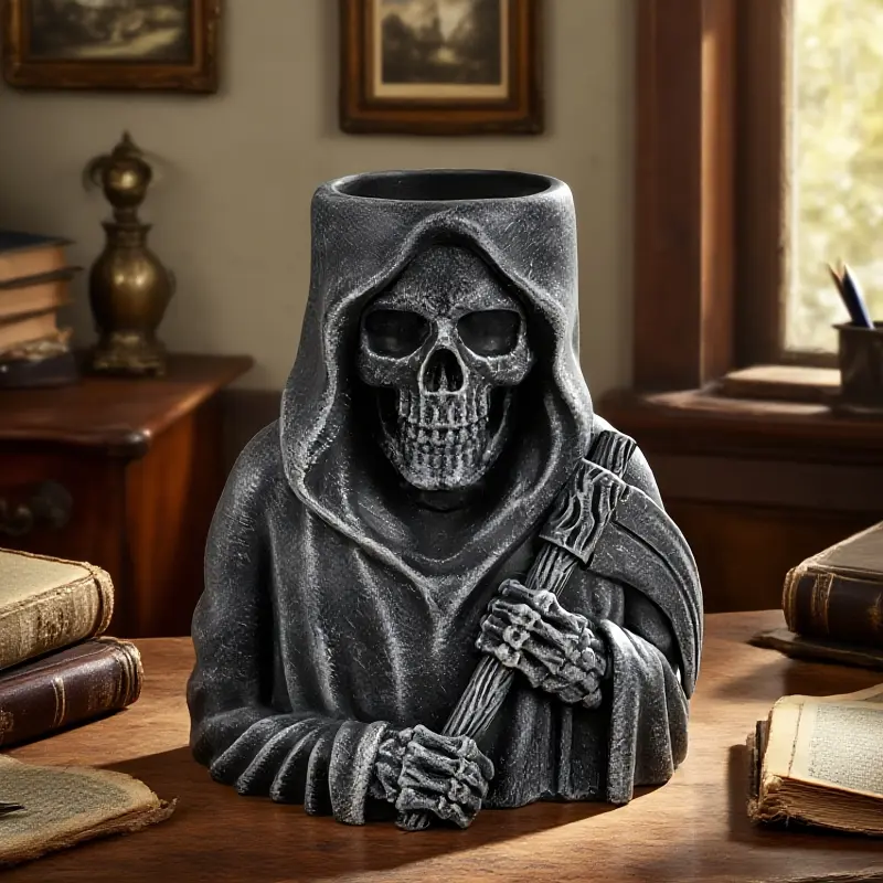 Gothic Death God pot/vase decoration, Halloween-themed death god figure pot decor, ideal for home or entryway displays. Made of resin, perfect for displaying dried flowers in entryways or offices. Creates a Halloween-themed atmosphere with its vase and pe
