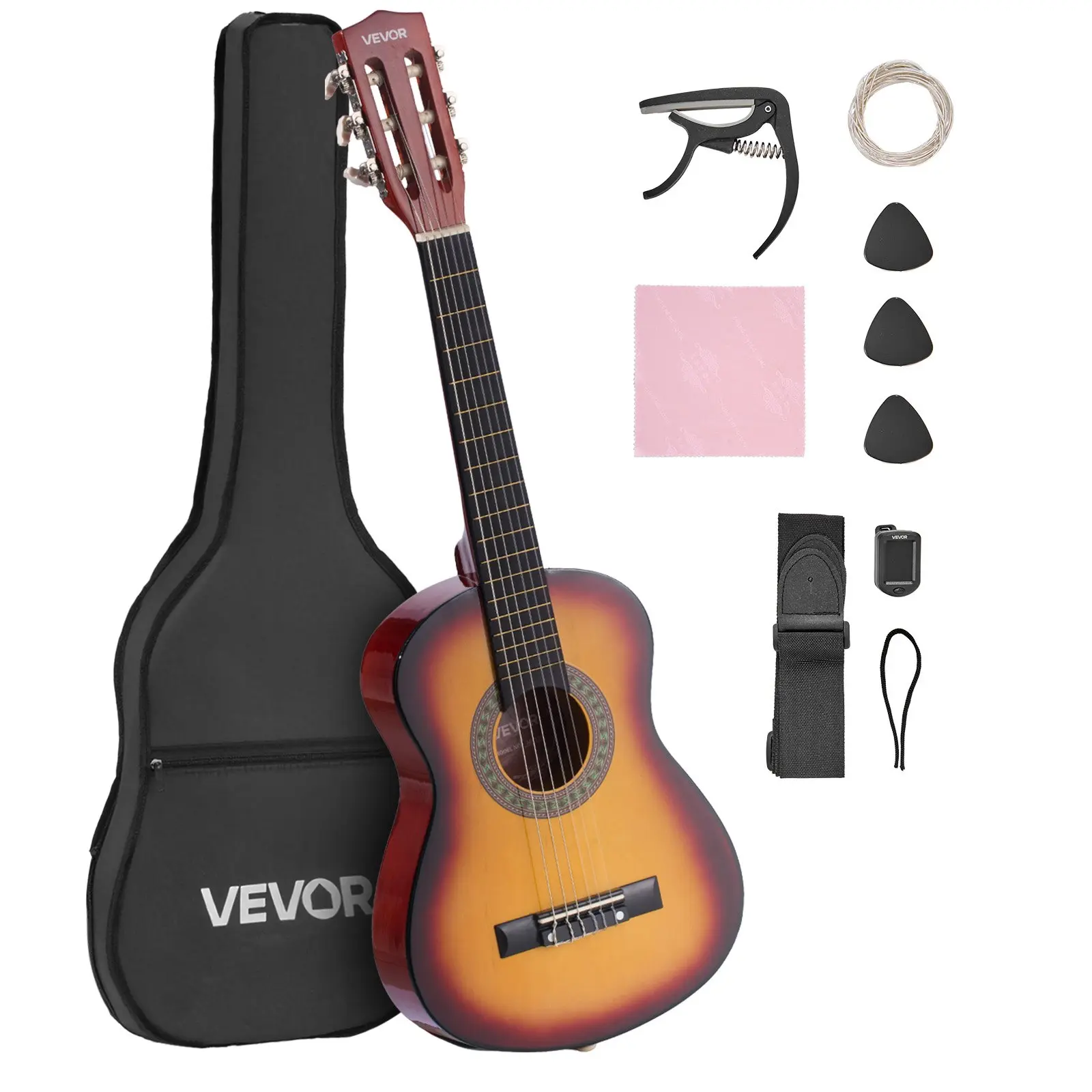 VEVOR 30-Inch Basswood-Maple Classical Guitar Full Kit for Beginners, Girls & Boys, Nylon Strings, Gig Bag, Shoulder Strap, Easy Accurate Tuner, Extra Strings, Pick, Capo, Dust Cloth, Traveling Use