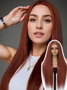 28-Inch 13X4 ransparent Lace Front Synthetic Hair Wig, Copper Color, Smooth HD Fiber, Easy to Wear, Suitable for All Seasons