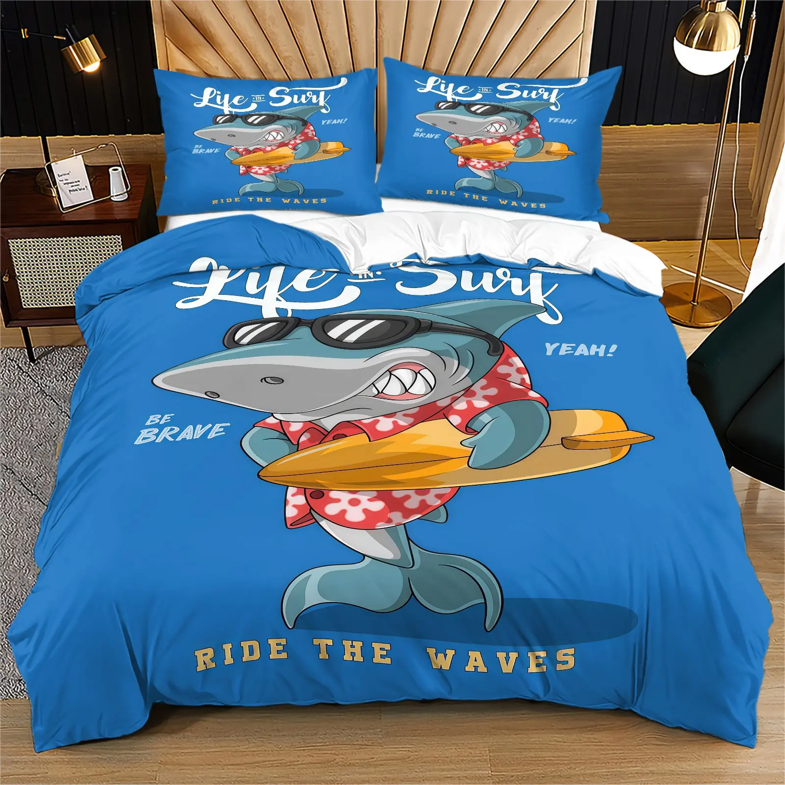 Shark print pattern set, including 1 duvet cover and 1 or 2 pillowcases, without a core or pillow, suitable for bedroom or dormitory bedding set, suitable for gift giving or personal use