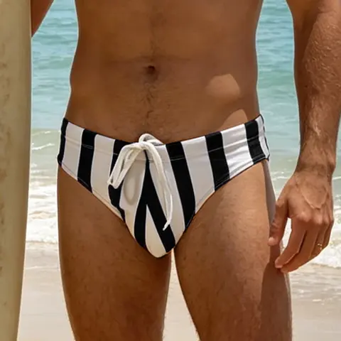 1Pc Men Striped Print Swim Briefs, Low Waist Drawstring Slim Quick Dry, Breathable Soft Active Swimwear For Beach Spa Vacation & Home Wear Clothing