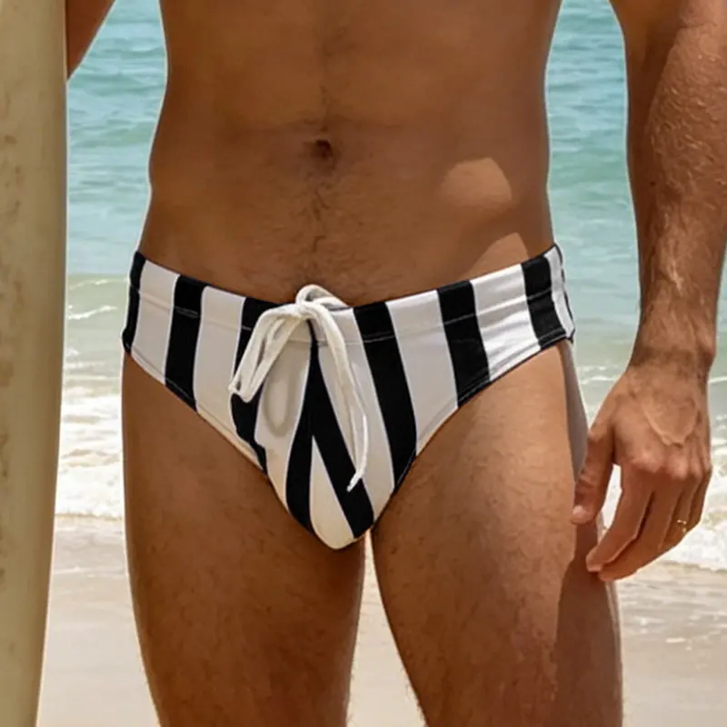 1Pc Men Striped Print Swim Briefs, Low Waist Drawstring Slim Quick Dry, Breathable Soft Active Swimwear For Beach Spa Vacation & Home Wear Clothing
