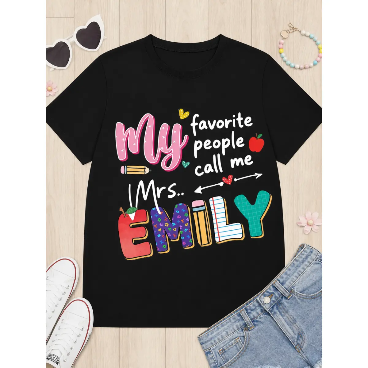 Women's Personalized Teacher Short-Sleeve T-Shirt - Custom Mrs [Name] Print, 200GSM Soft Cotton Spandex Fabric, Breathable Comfortable Casual Crew Neck Top, Everyday Wear (Black, White), Shortsleeve, Tshirt, Printed, Tee, Round Neck, Teacher Shirt, Bold C