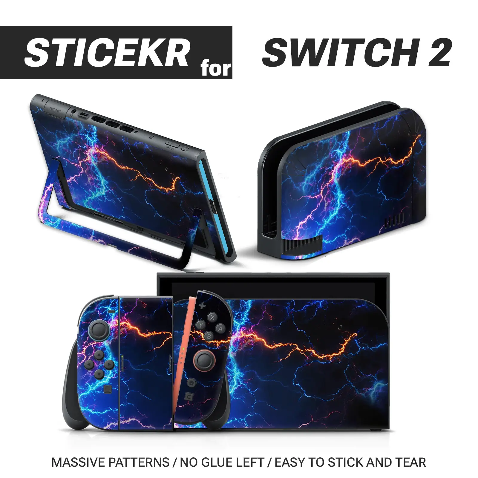 Cool Blue Lightning Pattern Switch 2 Vinyl Stickers, Waterproof Scratch-Resistant, Removable Without Residue, Console Controller Decor, Gaming Console Accessories