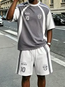 Men's Casual Badge Number Pattern Loose Short Sleeve and Shorts Set, Y2K Hip Hop Street Style Sportswear, Two-Piece