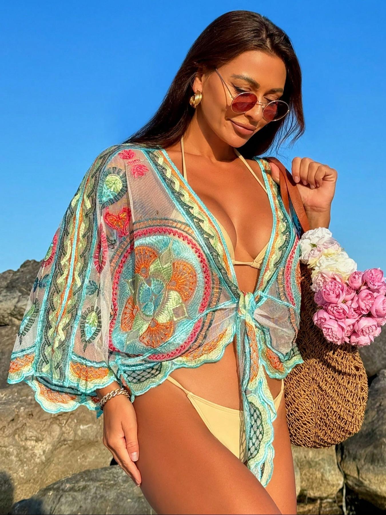Women's Embroidery Cover Up Top, Boho Style Batwing Sleeve Cover Up Top for Beach Vacation, Fashion Women's Swimwear for Summer, Swimsuit Cover Up