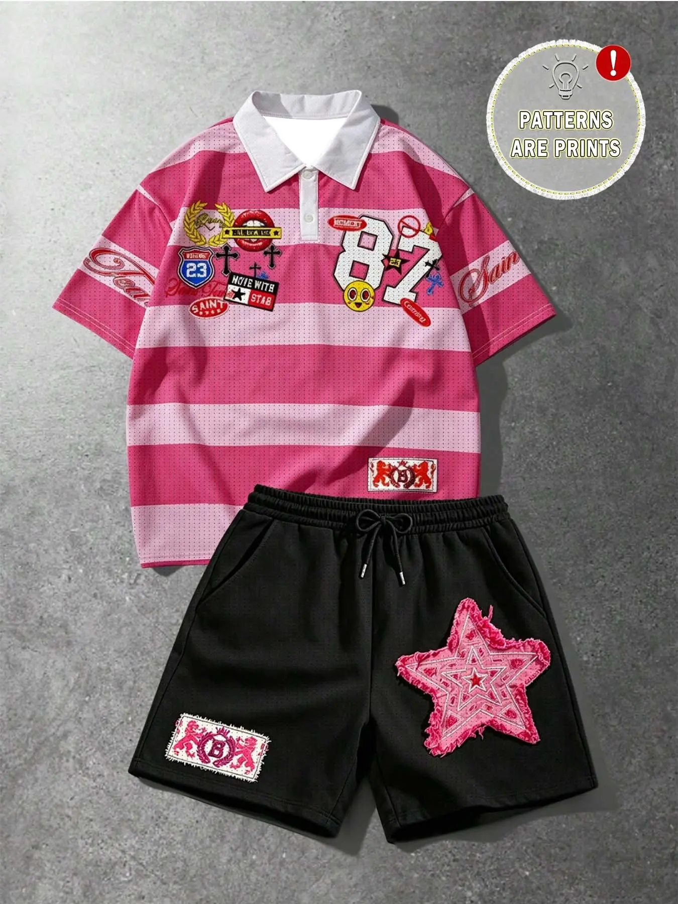 Trendy Sweet Cool Two-Piece Set, Striped Polo, Retro Badge Print, Shorts, Breathable Mesh, Summer Fashion