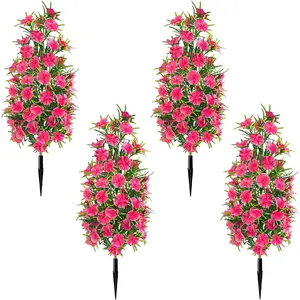 4 Pack 19" Artificial Topiary Trees with Ground Spike, UV Resistant Faux Flowered Shrubs Realistic Fake Bushes Plants for Outdoor Home Garden Yard Porch Patio Decor (Rose Red)