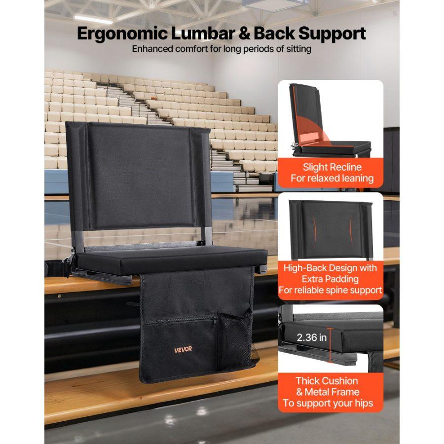 VEVOR Stadium Seat, Folding Bleacher Seat with Back Support and Thick Cushion, Padded Stadium Seats for Bleacher Includes Shoulder Strap, Hooks, Cup Holder, and Side Pocket, Black Bleachers Chair VEVOR Stadium Seat, Folding Bleacher Seat with Back Support and Thick Cushion, Padded Stadium Seats for Bleacher Includes Shoulder Strap, Hooks, Cup Holder, and Side Pocket, Black Bleachers Chair
