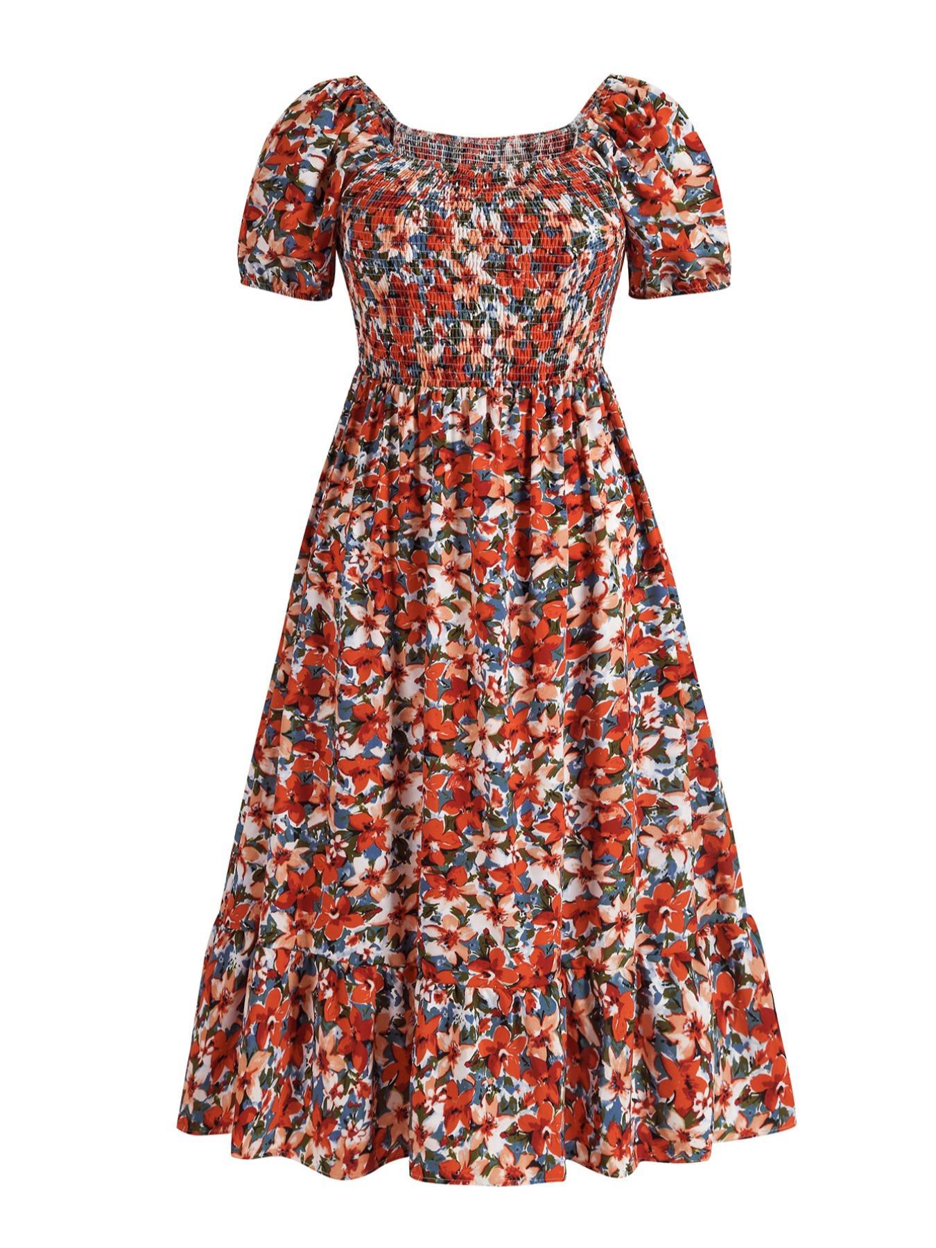 【Plus Size】 Frenchy Style Ditsy Floral Print Puff Sleeve A Line Maxi Dress, Square Neck Shirred Dress, Dresses for Women, Women's Clothes for Summer, Casual Wear