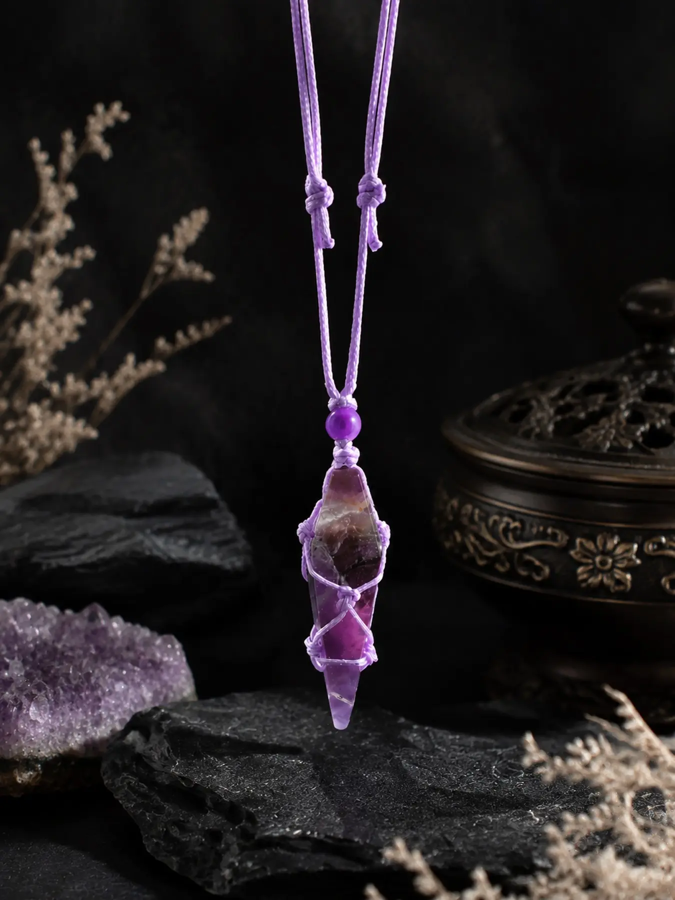 1pc Natural Amethyst Pendulum Pendant Necklace, Healing Crystal Balancing Chakra Quartz, Handmade Braided Cord, Perfect Gift for Women