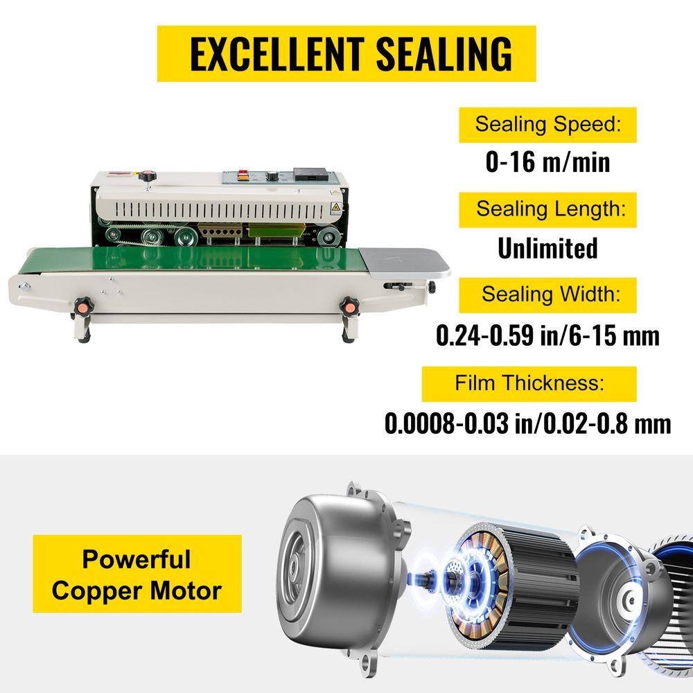 VEVOR Continuous Bag Band Sealing Machine FR900K Band Sealer Machine with Digital Temperature Control Horizontal Bag Sealer for 0.02-0.08 mm Plastic Bags Continuous Band Sealer w/ Printing Function