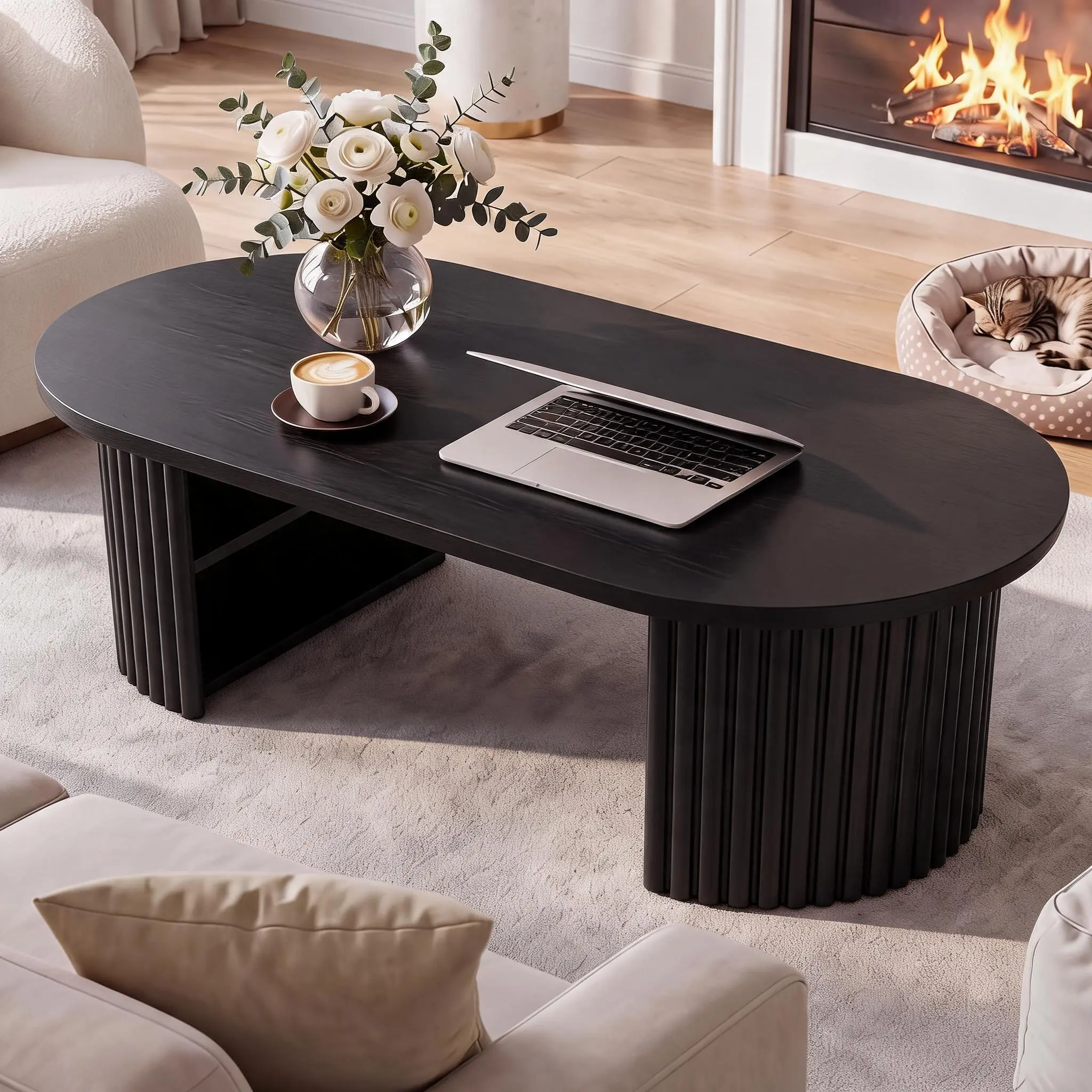Wabi-Sabi Oval Wooden Coffee Table - Fluted Center Table with 4 Open Storage Shelves, Modern Farmhouse/Mid-Century for Living Room, 39.3x19.6x17.7in, Natural Oak Beige Tone