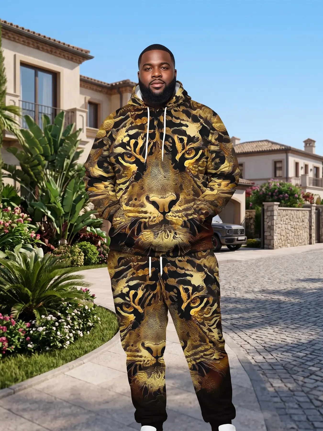 Men's Plus Size 2-Piece Set, American Style Tiger Print Sweatshirt and Pants, Casual Long Sleeve Slim Fit, All Seasons Wear
