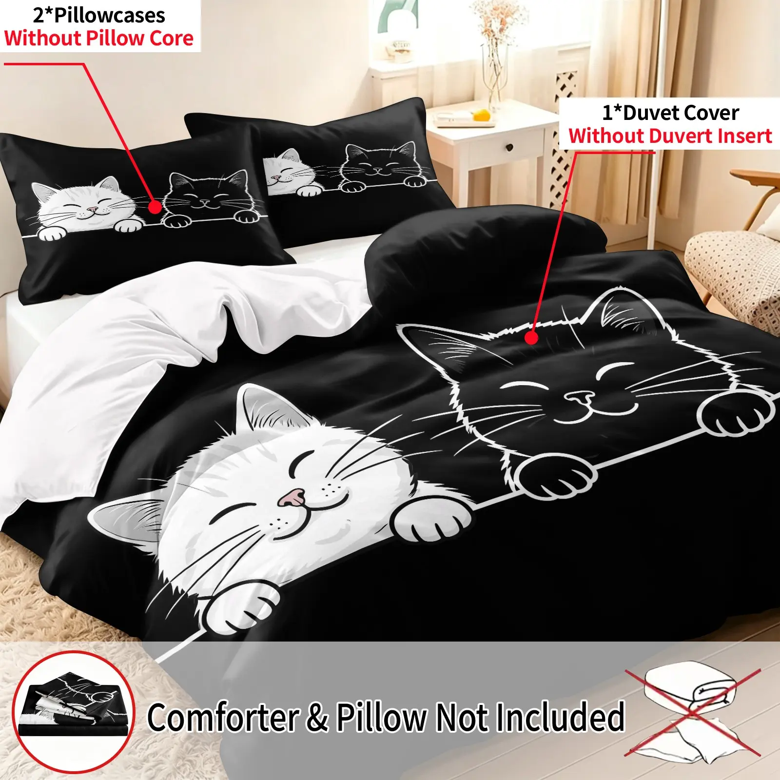 Cat Print Bedding Set, 1 Duvet Cover + 2 Pillowcases, High-Definition Printing, Home & Dormitory Bed Linen, Polyester Bed Set