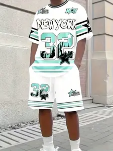 Men's summer versatile two-piece set, American digital letter printed set, street sports vacation style men's clothing