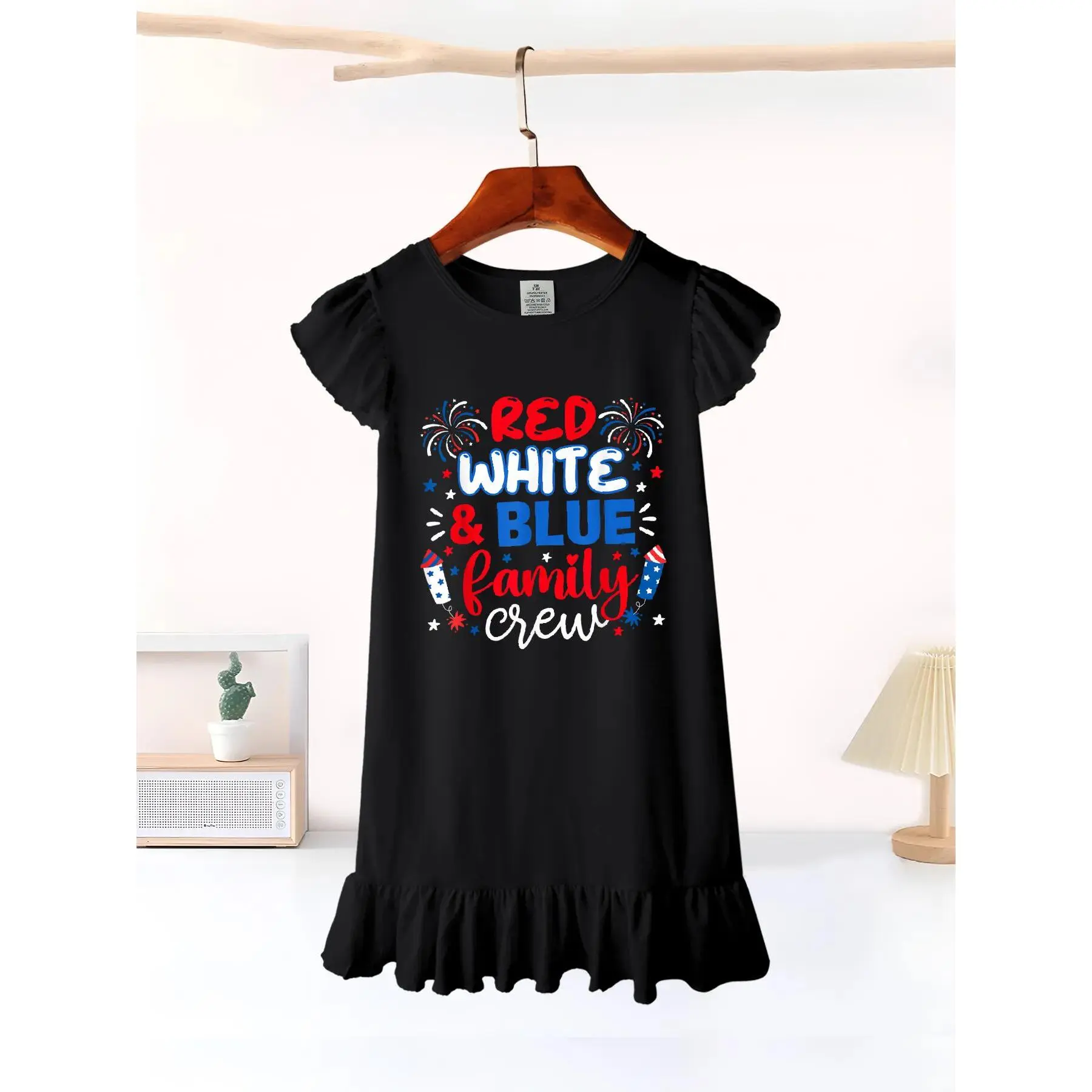 Red White Blue Family Crew 2026 4th July Matching Reunion Girls' Summer Flutter Sleeve Casual Dress - Soft, Durable, Easy-Care, Ideal for School & Outdoor Activities - Local warehouse