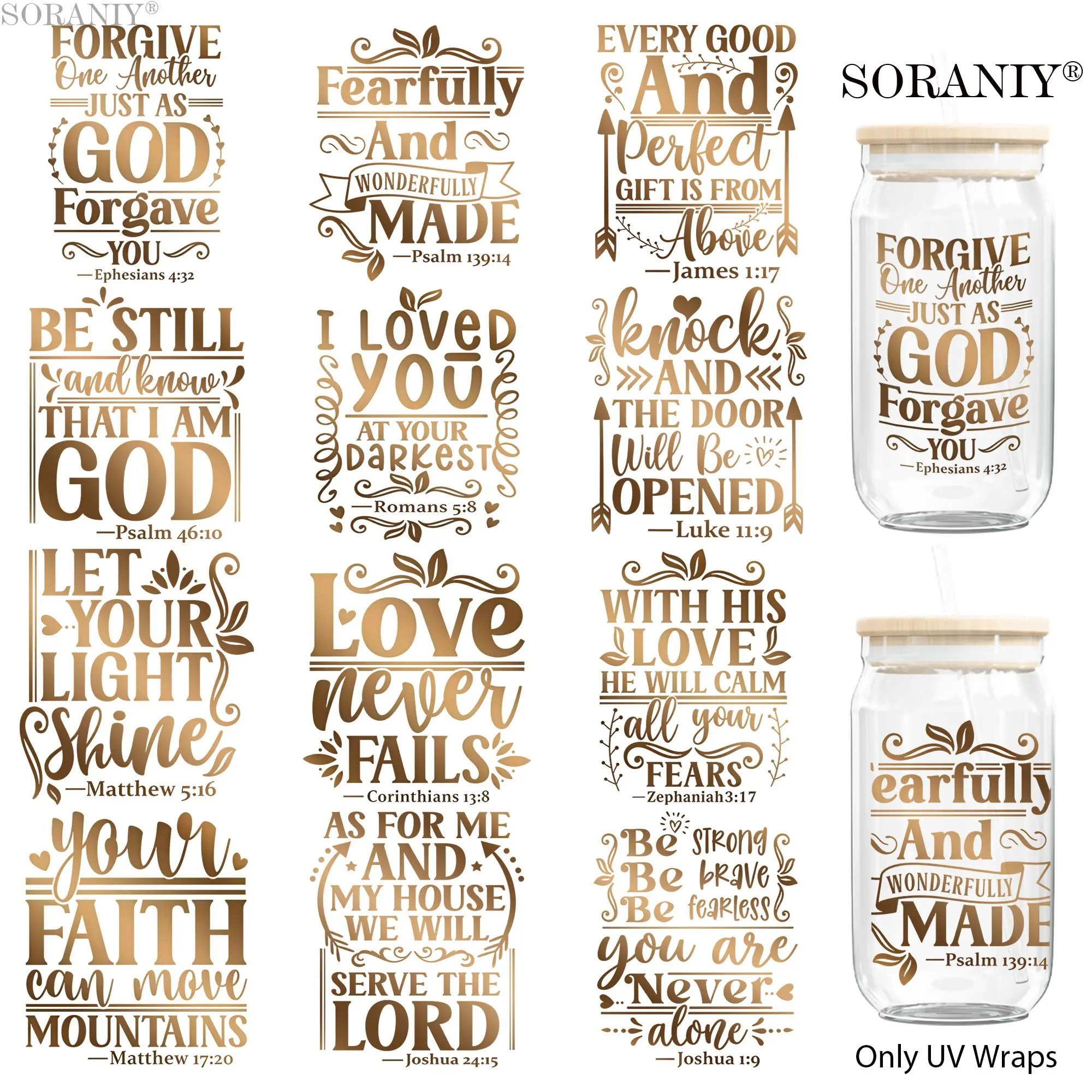 UV DTF Water Cup Transfer Stickers, 12 Faith Quotes Theme Waterproof, 16oz Glass Jar DIY Decor, High Adhesive, Easy to Use, Gift Idea