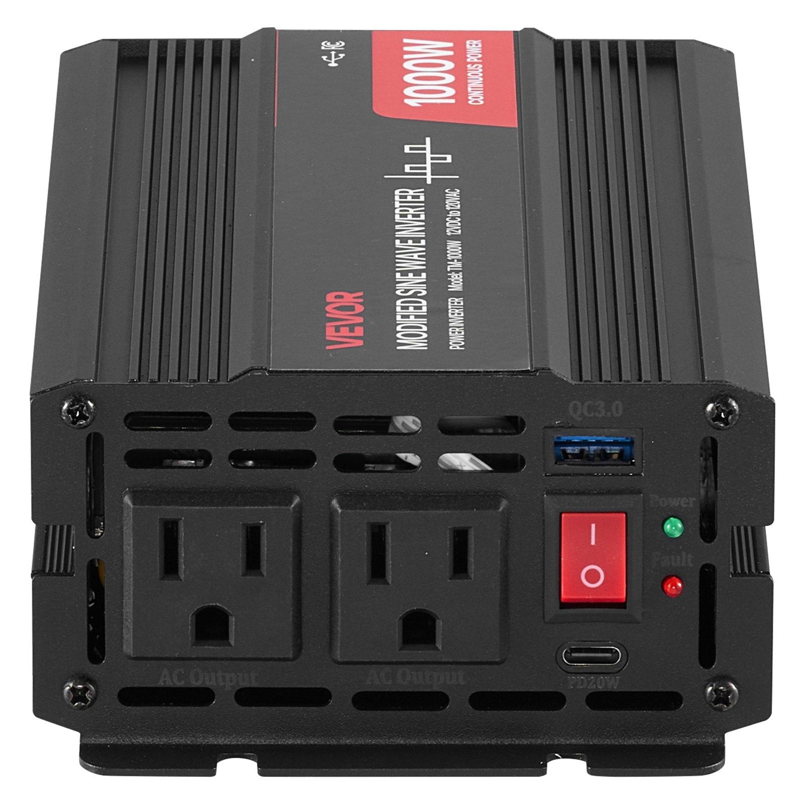 VEVOR 1000W Power Inverter, 12V DC to 120V AC Modified Sine Wave Inverter, Car Charger Converter with USB & Type-C Port, 2 AC Outlets, LED Indicator Light, Ideal for RV, Truck Outdoor Camping VEVOR 1000W Power Inverter, 12V DC to 120V AC Modified Sine Wave Inverter, Car Charger Converter with USB & Type-C Port, 2 AC Outlets, LED Indicator Light, Ideal for RV, Truck Outdoor Camping