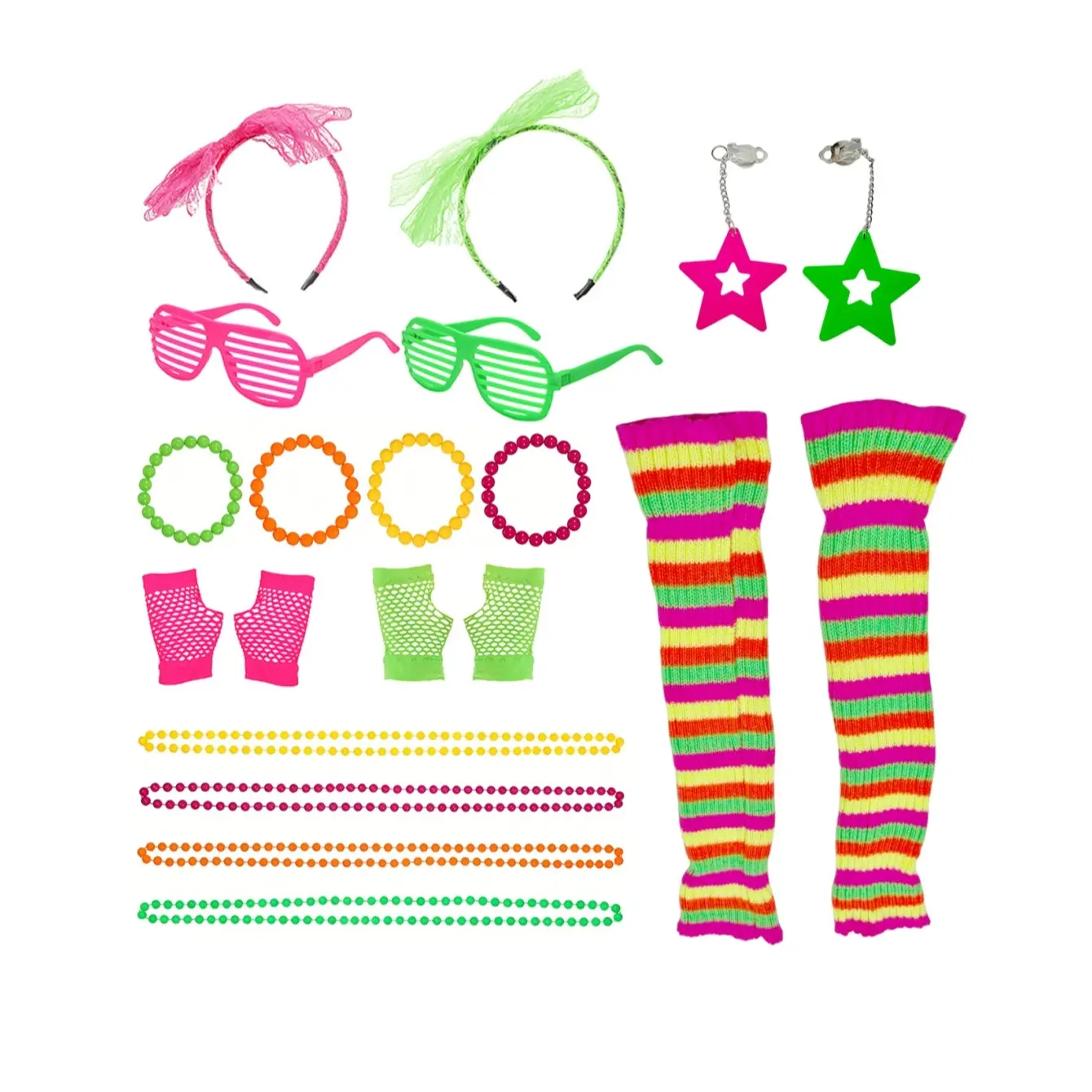 80s Retro Party Set (20 Pieces), Neon Color Design, Party Accessories, Includes Headband, Goggles, Gloves, Necklace, Leg Warmers, Perfect for Theme Parties