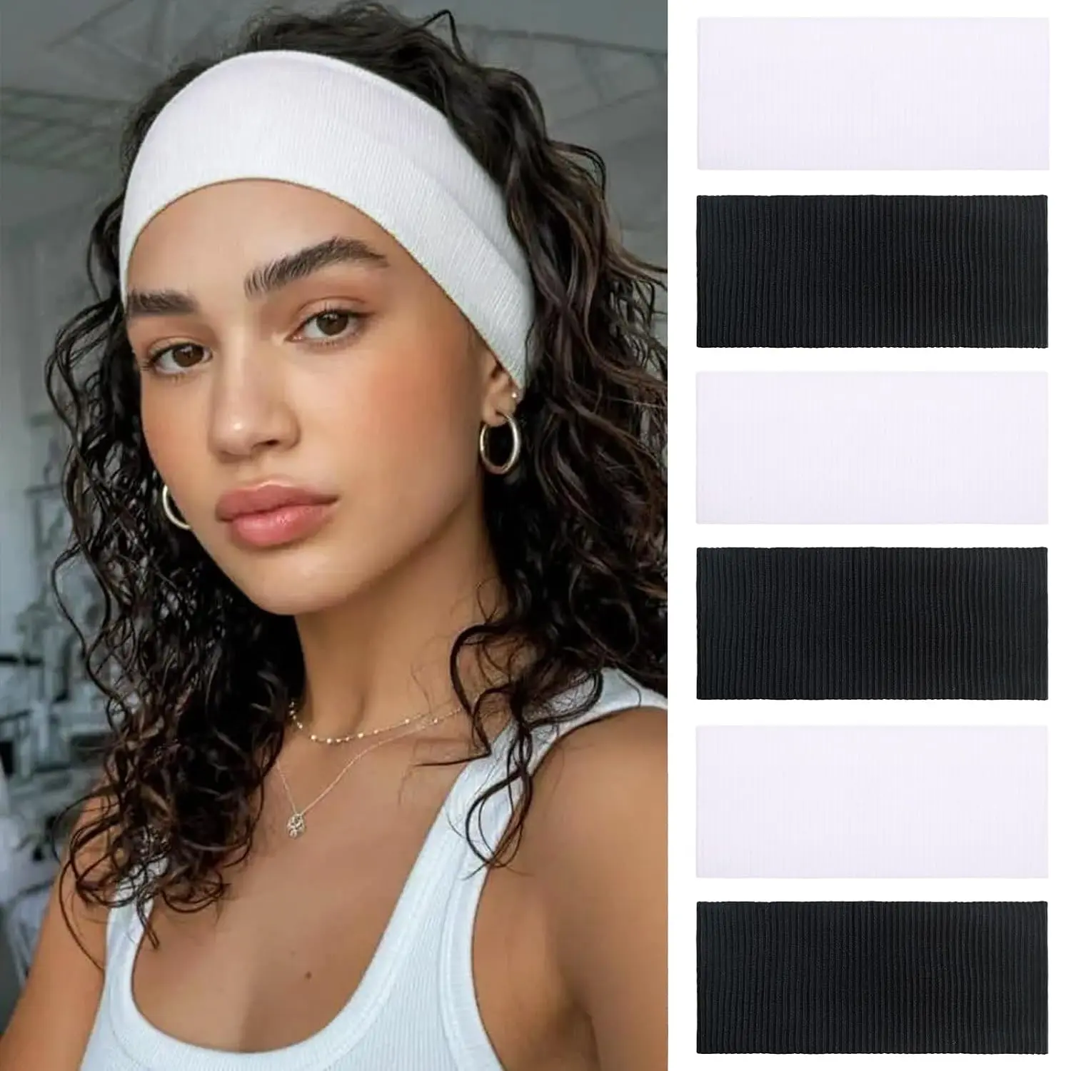 6 Packs Knitted Headbands for Women Non Slip Wide Turban Fashion Headband Ribbed Hairbands Workout Outdoor Yoga Dating Hair Accessories (Black, White)