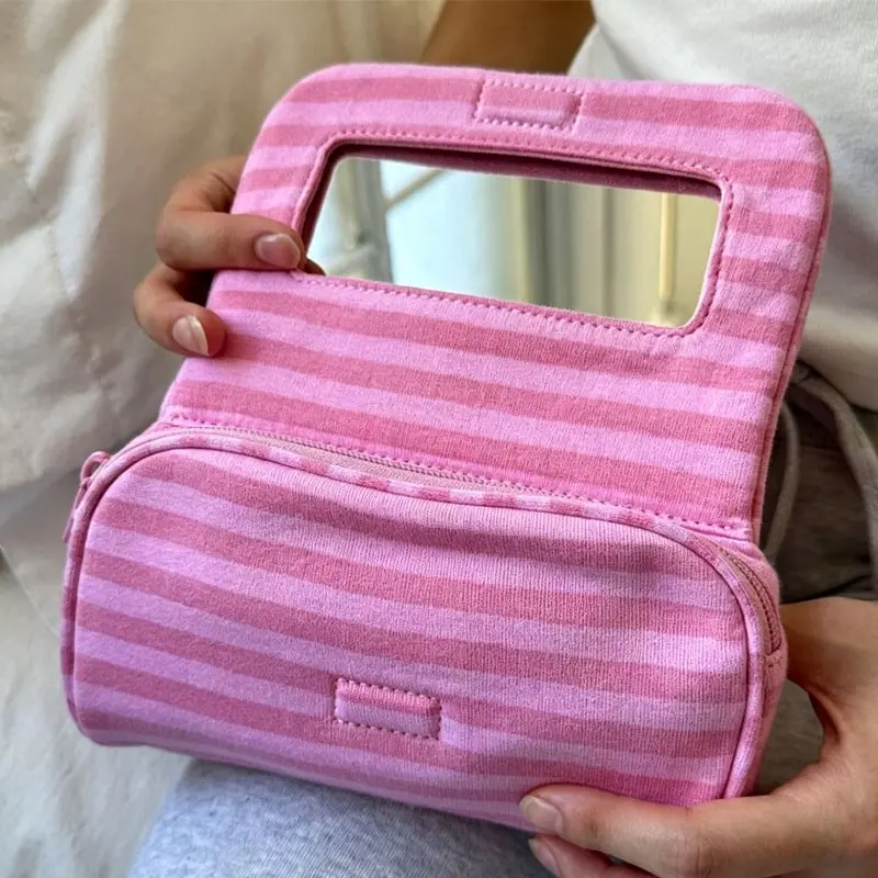 1pc Pink Striped Handheld Makeup Bag with Mirror Large Capacity Travel Cosmetic Organizer Lightweight Lipstick Pouch Portable Travel Make Up Pouch Zippered Toiletry Bag Suitable for Travel and Daily Use Gift for Girls Back to School Vacation Trip Birthday