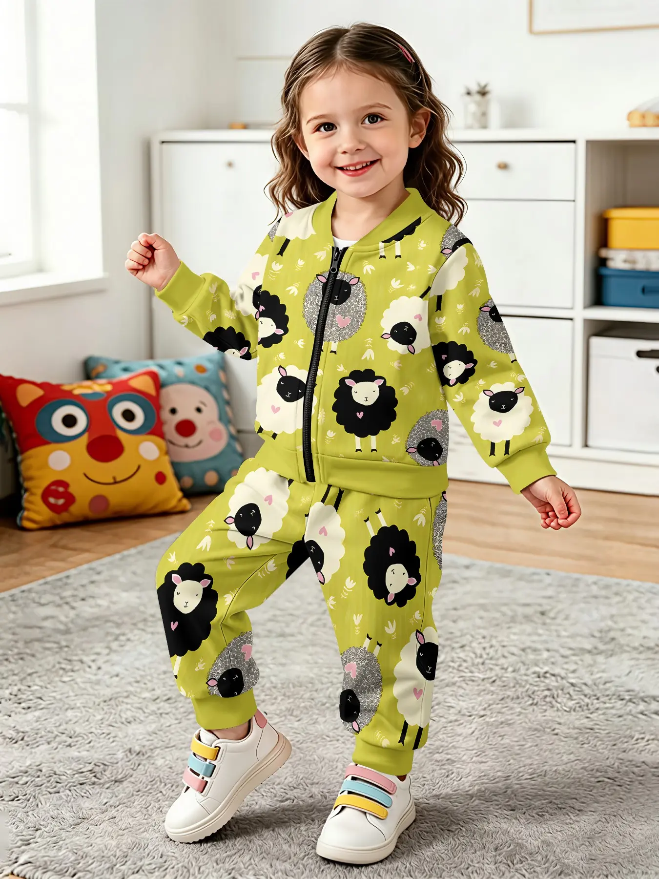 2-Piece Set, Zipper Jacket and Pants, Light Lamb Print, Casual Kids', Perfect for Daily Wear and Outdoor Activities
