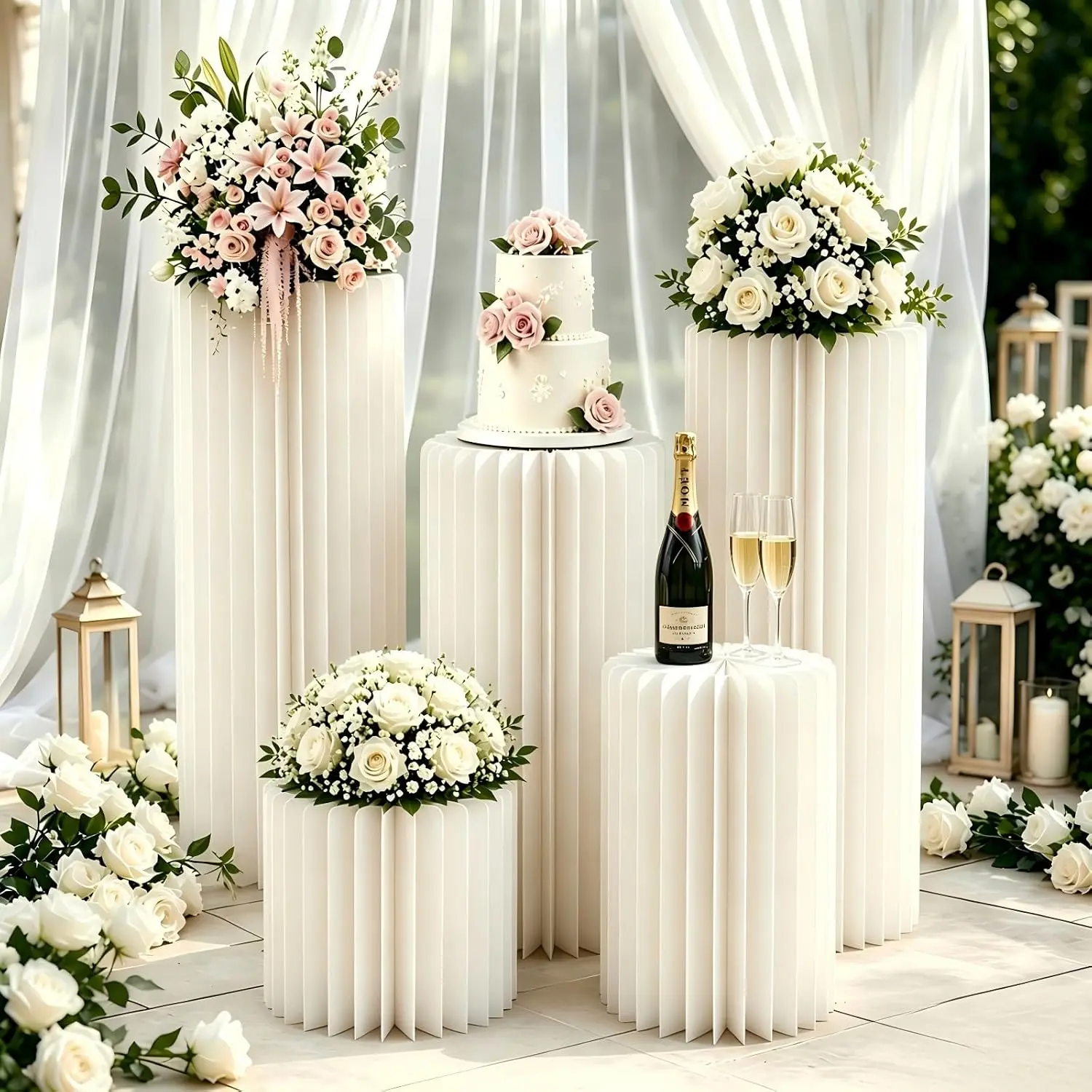 Cylinder Stands for Party 5Pcs Round Pedestal Stand Foldable Cardboard Columns Cylinder Tables for Parties Baby Shower Birthday Wedding Pillars Display Decoration (White,5PCS)
