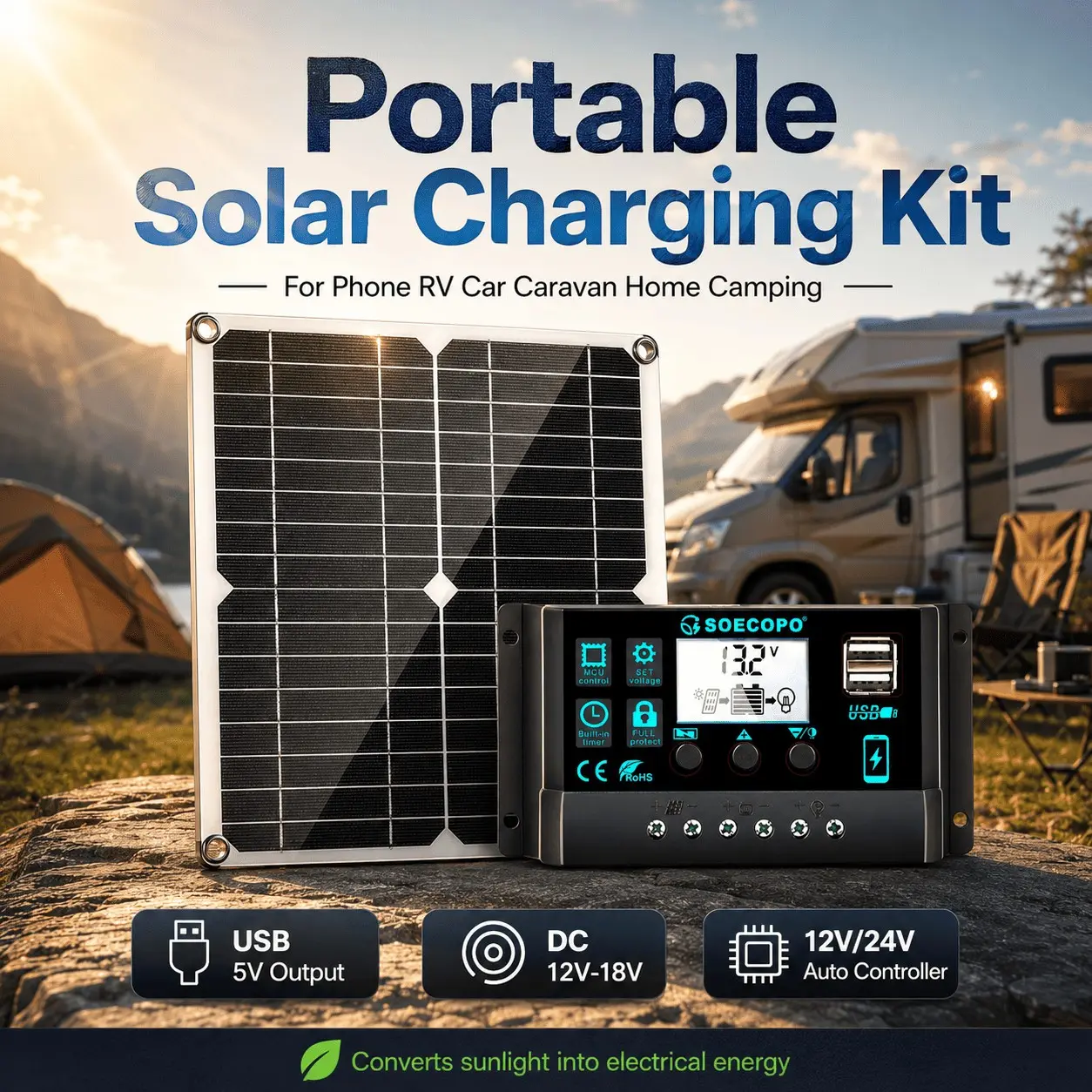 12V Solar Panel Kit with 60A-100A PWM Charge Controller, Portable Dual USB 5V DC 18V Waterproof Solar Plate Cell Charger with Alligator Clips & Suction Cups for RV Caravan Car Truck Boat Home Off-Grid Camping Outdoor Phone 12V Battery Charging