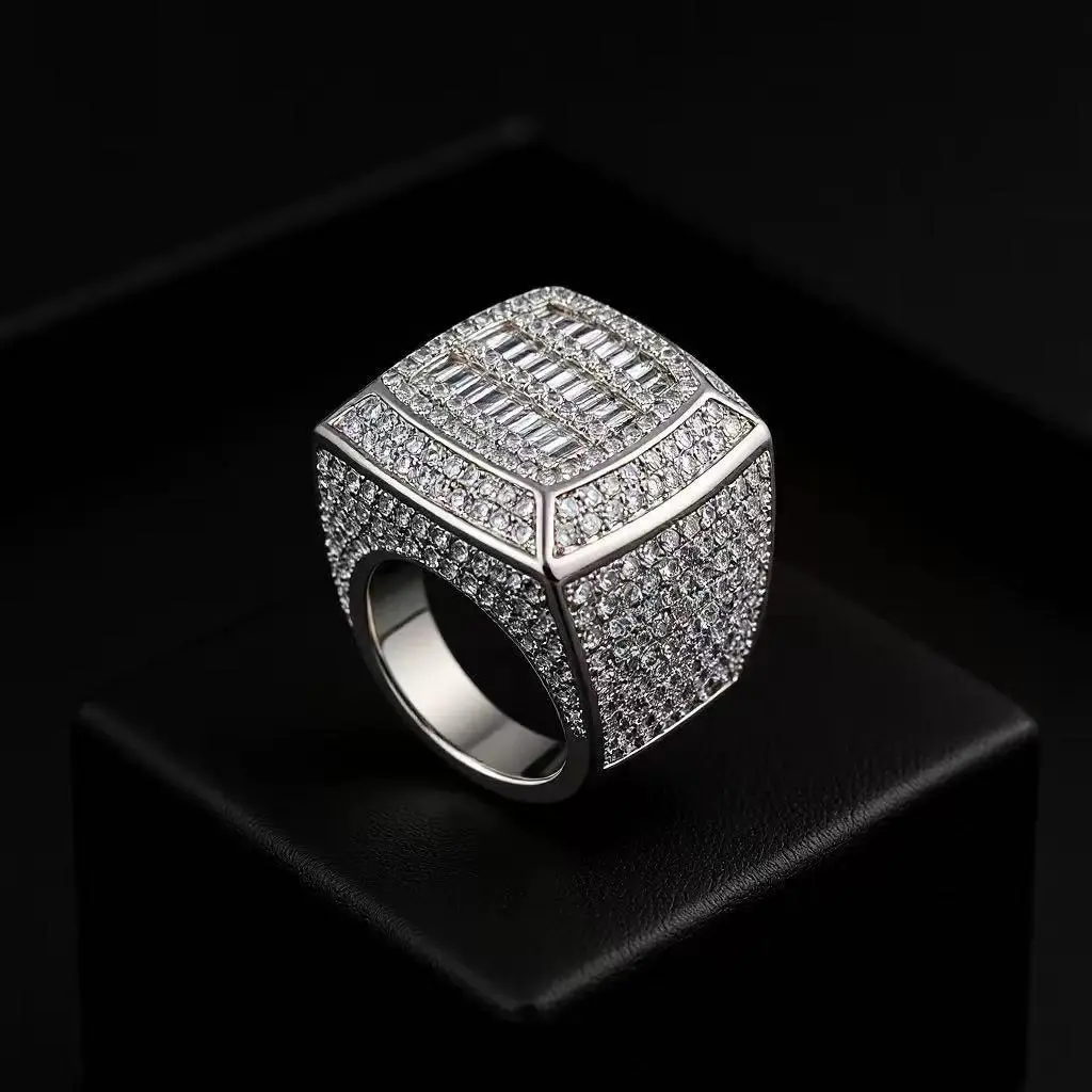 Glamorous Metal-Coating Square Shape Ring, Street Hip-Hop Statement Costume Jewelry, Sparkling Paved Finish, Ideal for Casual Outings or Hip-Hop Events men's jewelry trendy costume jewelry