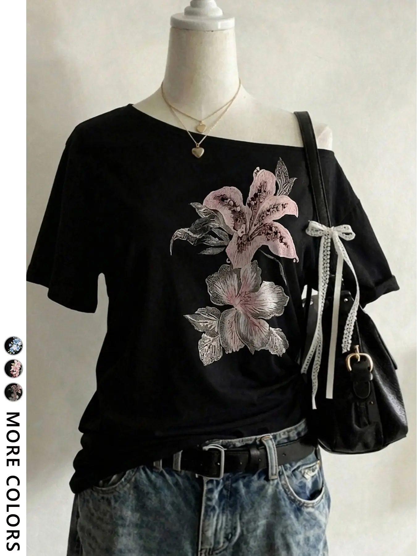 Women's Vintage Asymmetrical Shoulder T-Shirt, Beautiful Floral Print, Casual Summer Top, Short Sleeve, All Seasons, Fitted Style