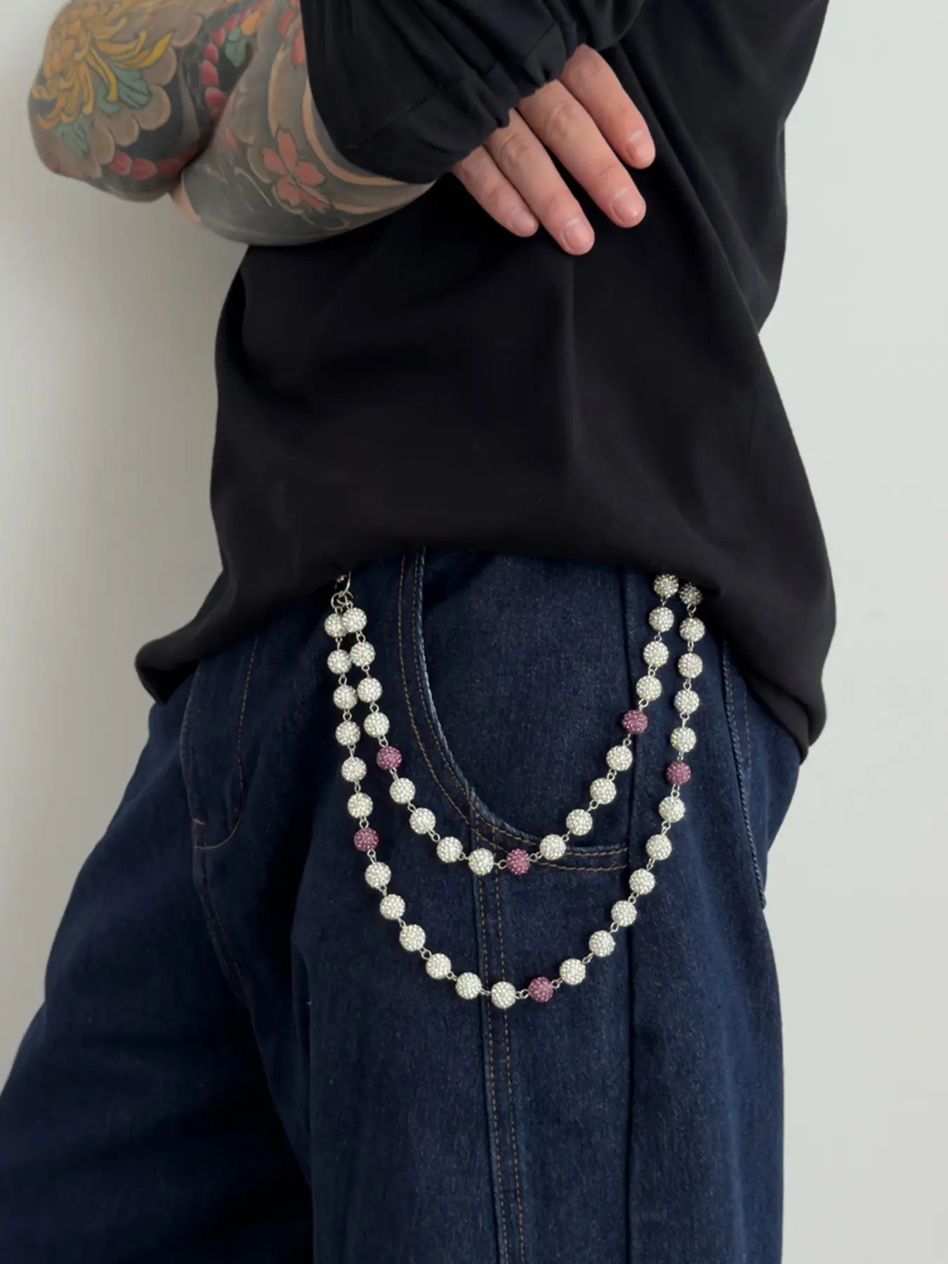 High-End Men's Pants Chain, Waist Beads with Clay Diamond Balls, Fashion Hip Hop Body Chain, Unique Handmade Curved Needle Design, Waist Jewelry