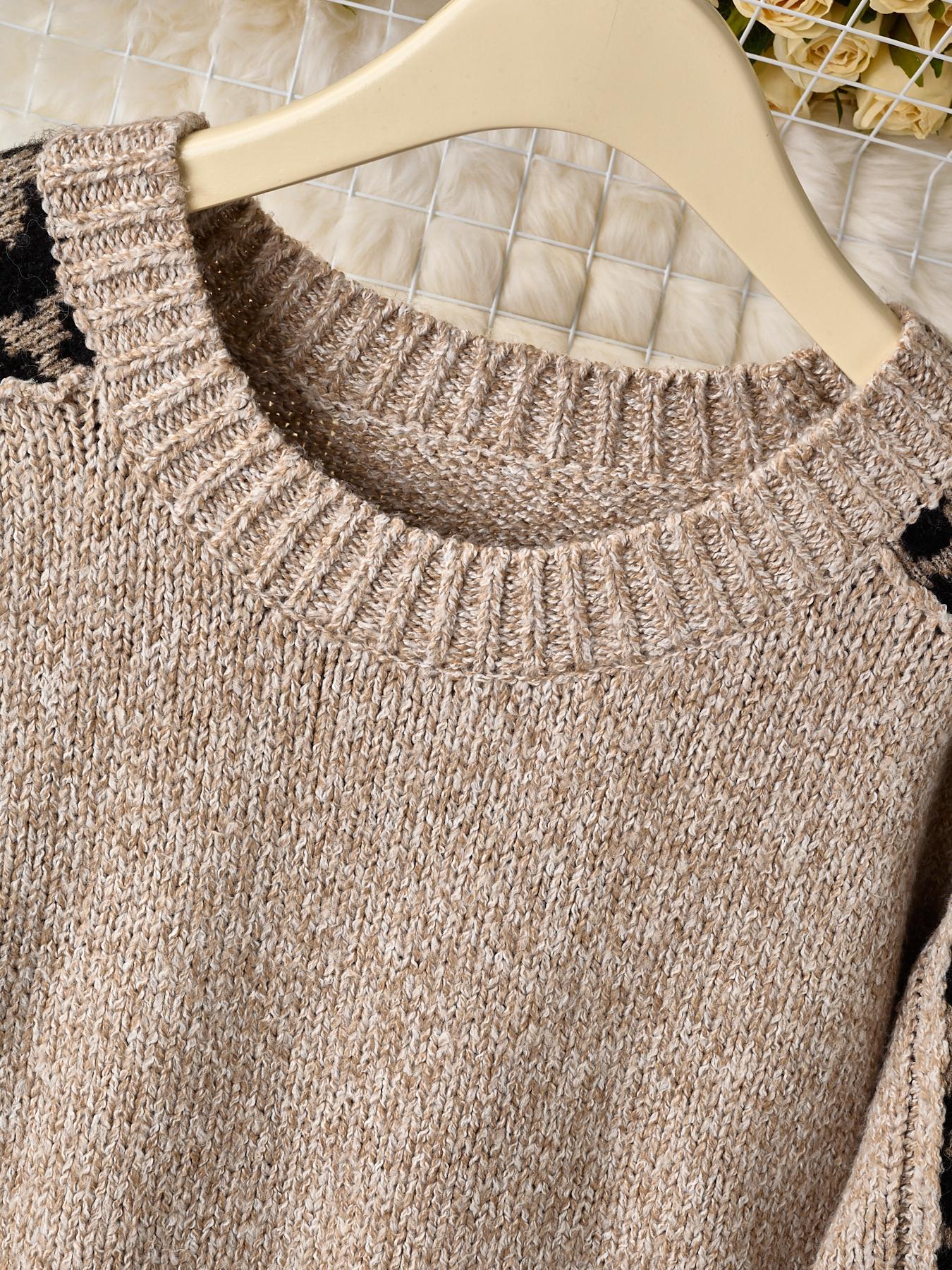 Women's Leopard Print Knitted Sweater, Casual Loose Long Sleeve Round Neck Jumper for Fall & Winter, Fashion Ladies' Knitwear for Daily Wear