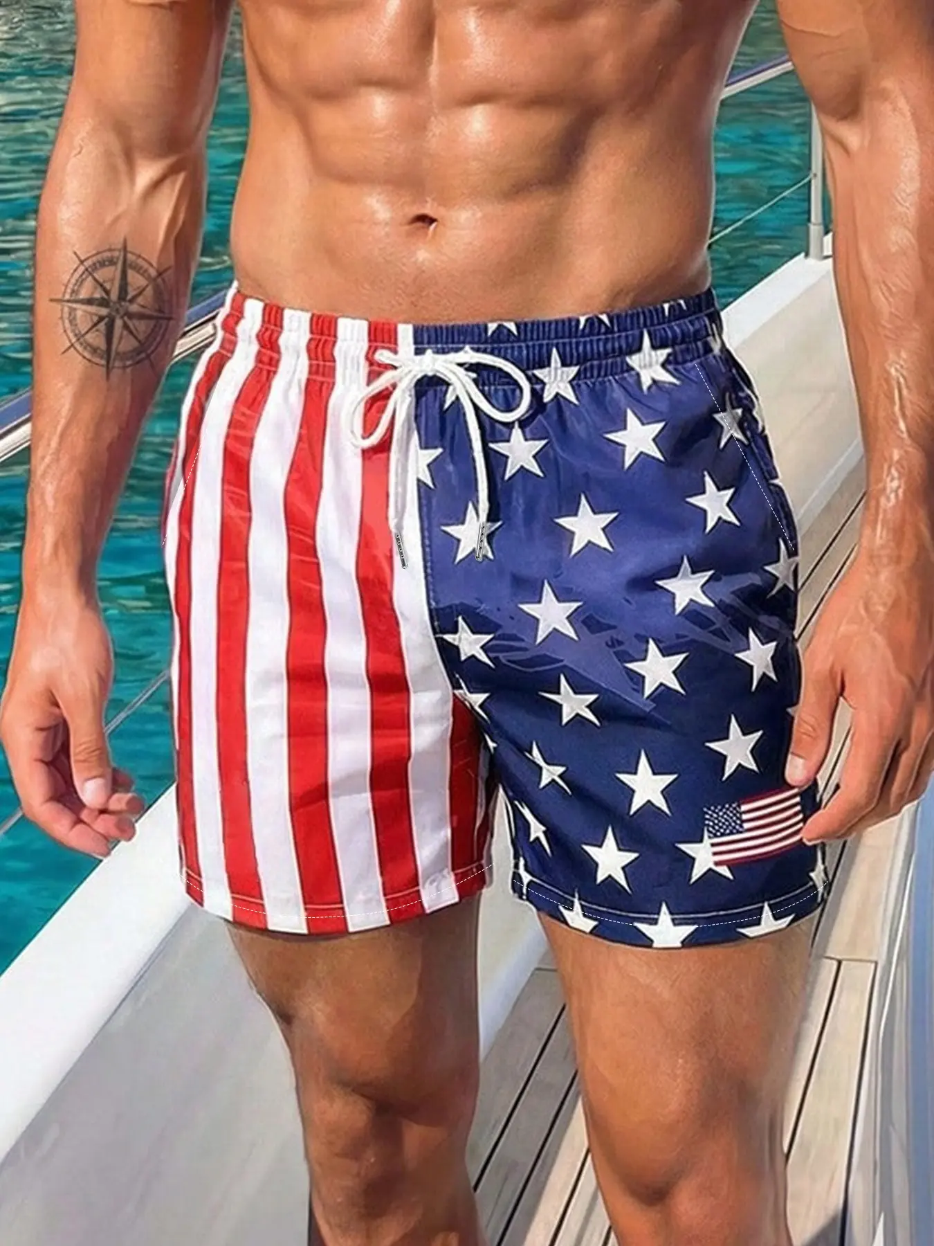 Men's Split USA Flag Star Stripe Print Beach Swim Shorts, Drawstring Elastic Waist Loose Fit, Quick Dry Lined Light Fabric, Side Pocket Small Flag Patch, Summer Bottoms For Patriotic Beach Yacht Vacation Outfits, Printed Swim Bottoms, Swimwear Shorts